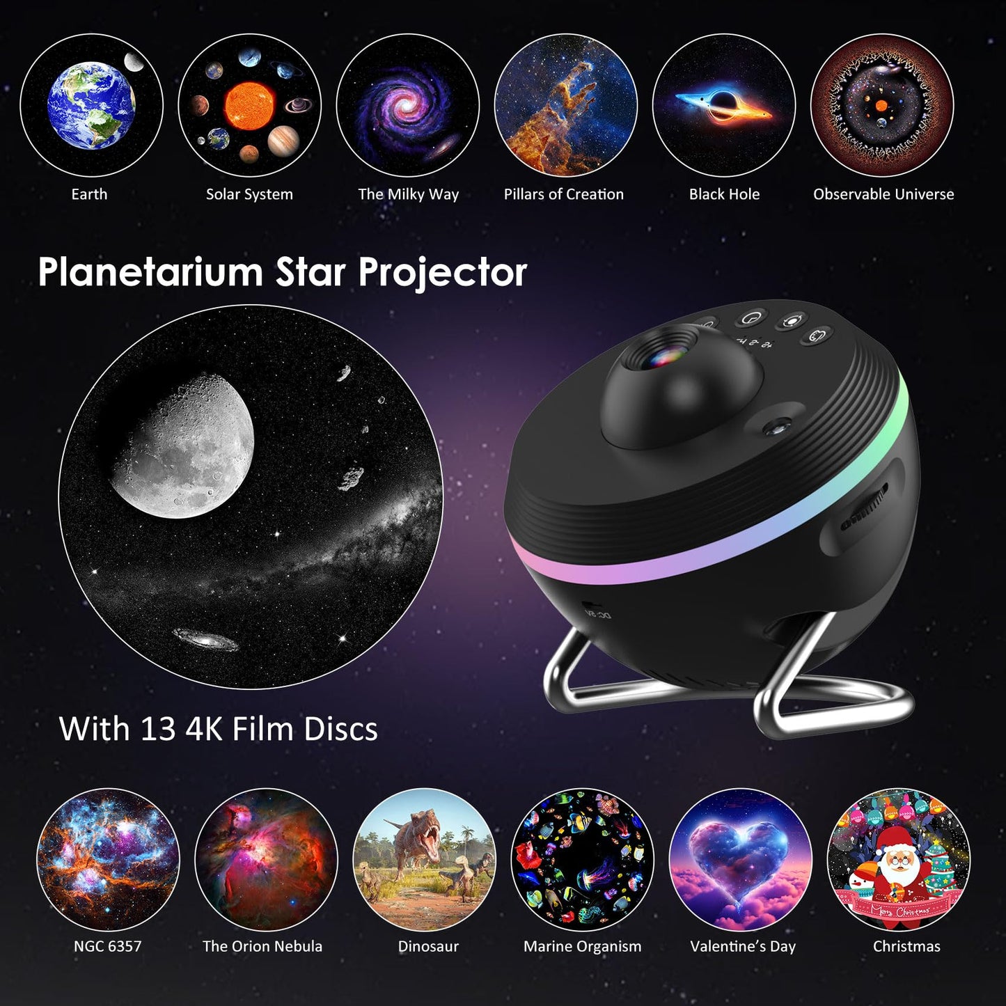 Galaxy Projector Pro para recámara, proyector de planetario de estrella, proyector de planetario 13 en 1 con efecto meteorito, lámpara LED de galaxia espacial, luces nocturnas, decoración de