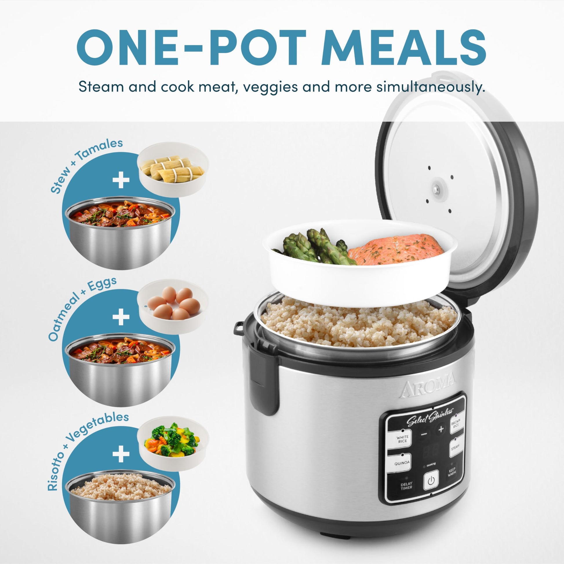 Aroma Housewares Select - Multicocina digital de arroz y grano de acero inoxidable, 4 tazas sin cocer, (ARC-914SBDS)