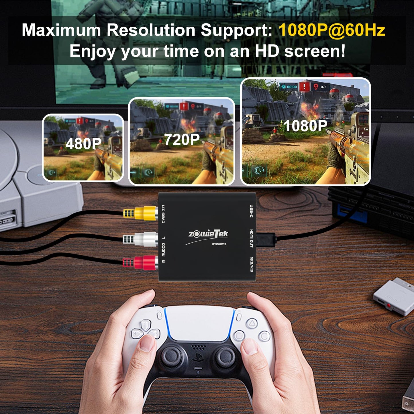 Convertidor AV/RCA/CVBS a HDMI, sin latencia para Juegos, Plug & Play, Aluminio Duradero, Switch 4:3/16:9, alimentación Tipo C, Compatible con Wii, N64, PS, SNES, DVD, VHS, VCR y PC.