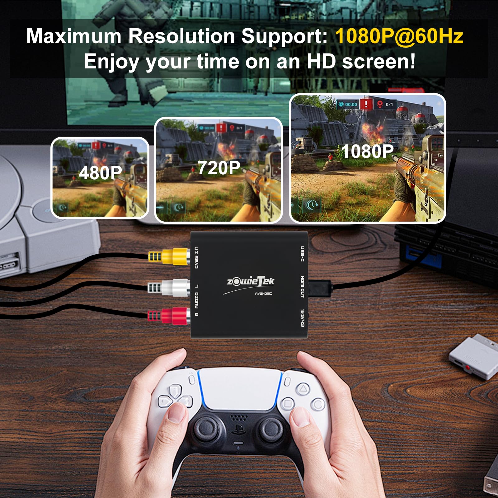 Convertidor AV/RCA/CVBS a HDMI, sin latencia para Juegos, Plug & Play, Aluminio Duradero, Switch 4:3/16:9, alimentación Tipo C, Compatible con Wii, N64, PS, SNES, DVD, VHS, VCR y PC.