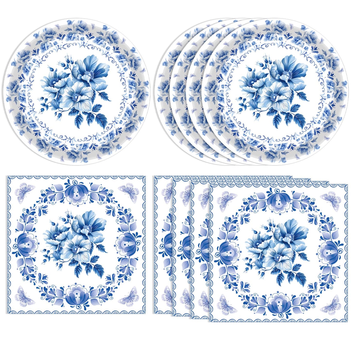 Decoración Floral de Cumpleaños - Vajilla Desechable con Flores Azules y Blancas