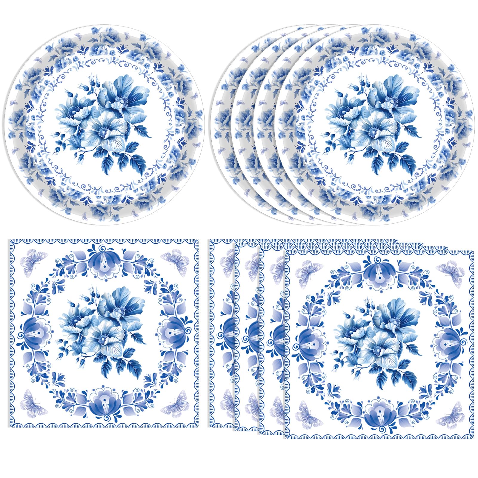 Decoración Floral de Cumpleaños - Vajilla Desechable con Flores Azules y Blancas