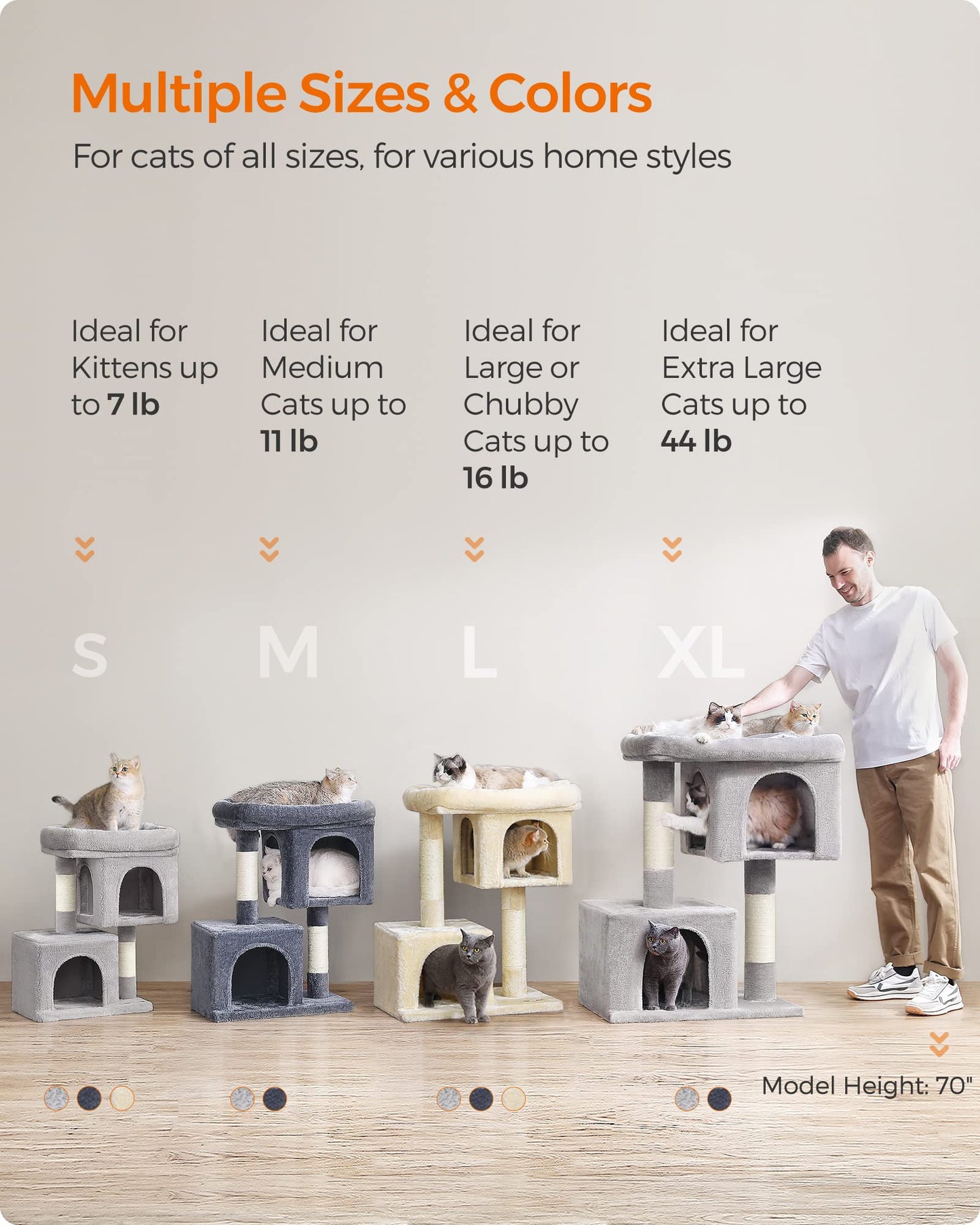 SONGMICS Cat Tree with Sisal-Covered Scratching Posts and 2 Plush Condos Cat Furniture for Kittens Light Gray UPCT61W