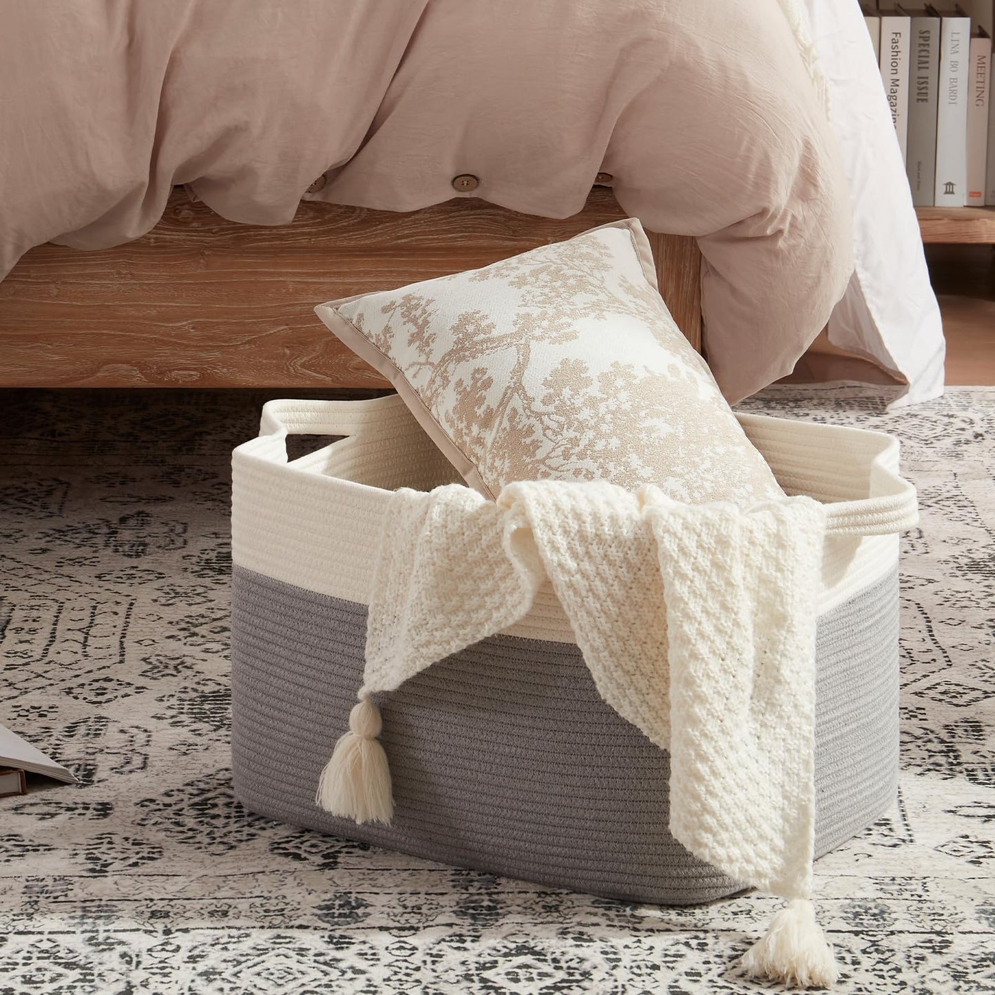OIAHOMY - Cesta de manta grande, de algodón de 65 litros, cesta de ropa tejida para habitación de bebé, contenedor para almacenamiento de mantas en sala de estar, 20 x 16 x 12 pulgadas, gris y blanco