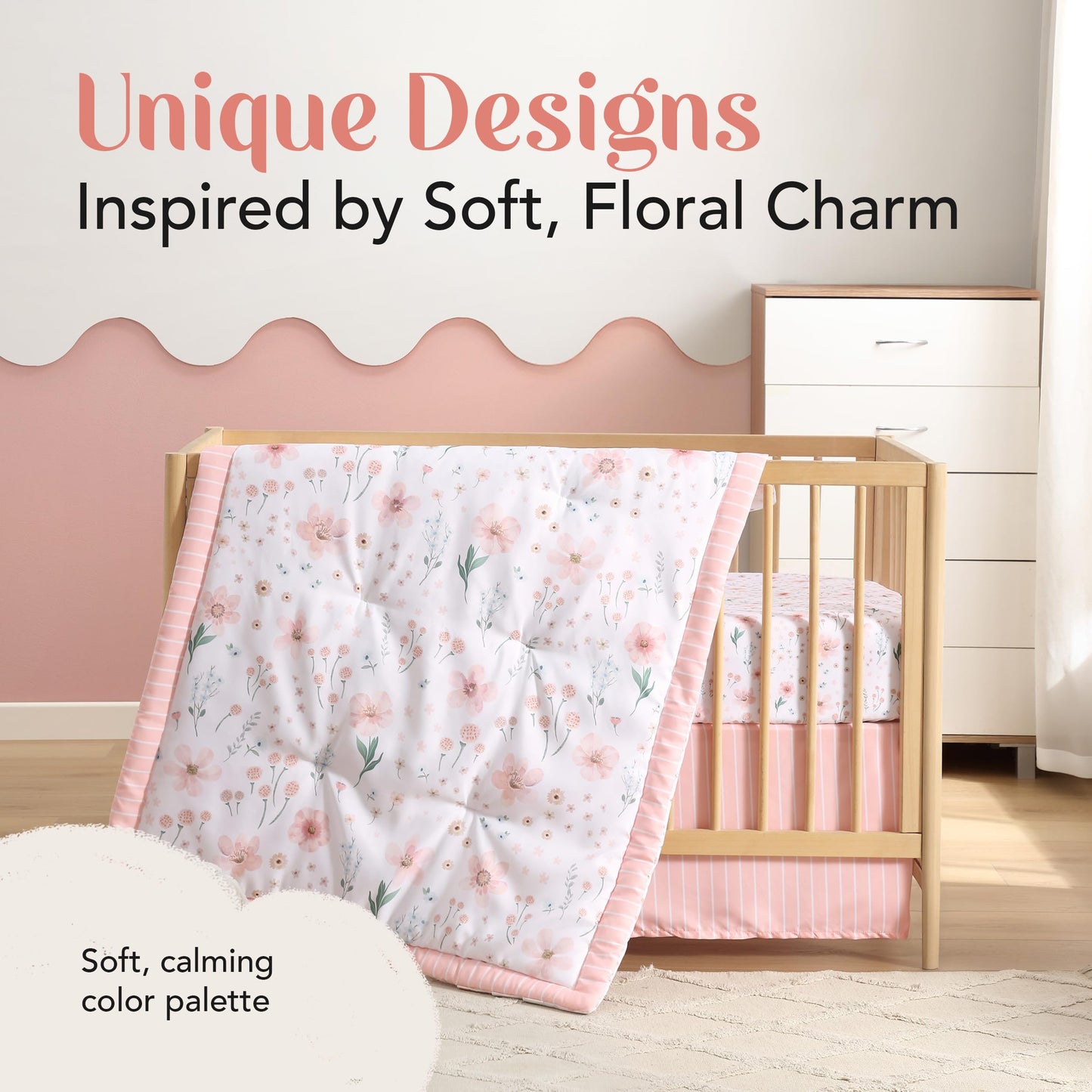 El juego de ropa de cuna de 3 piezas para niñas de The Hōmistry - Edredón reversible, sábana ajustada, faldón para la cuna - Juego de ropa de cuna de microfibra suave, transpirable y duradera - Tema