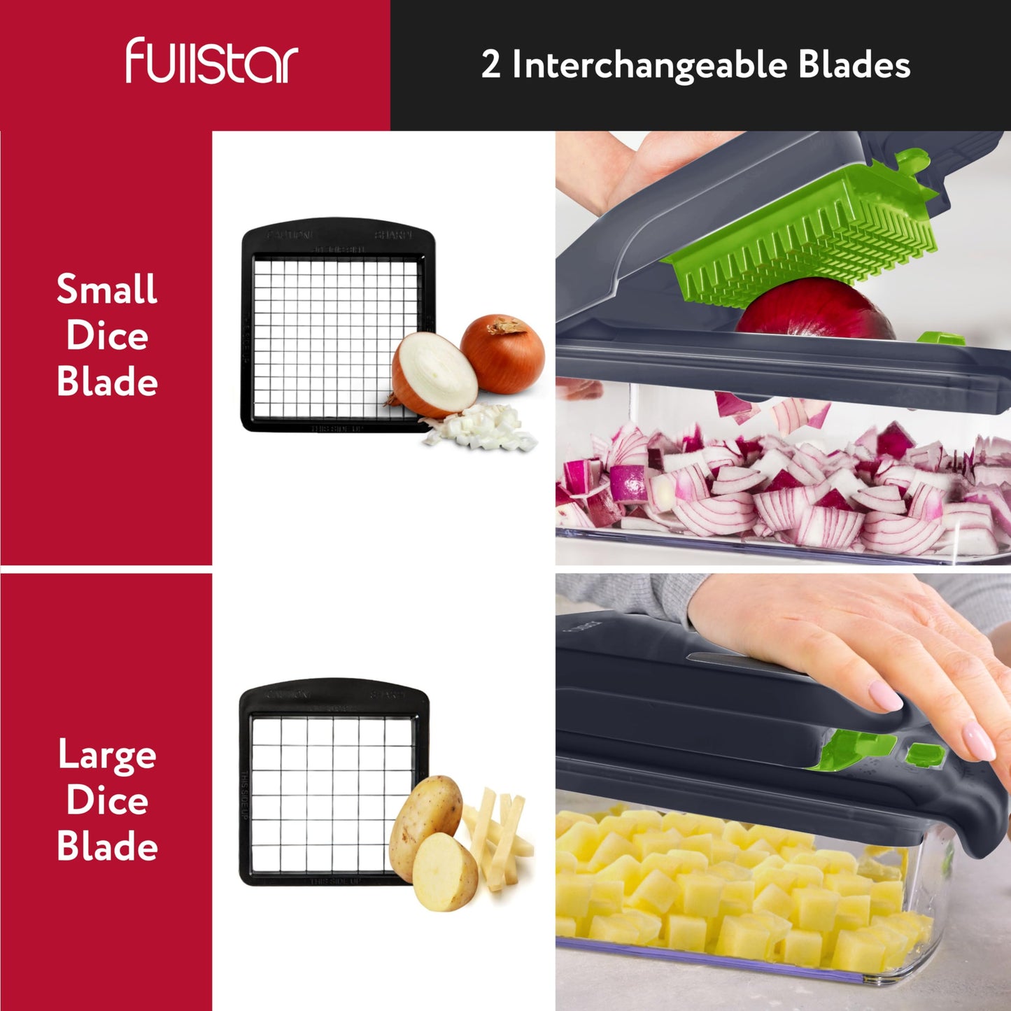 Fullstar - Picador de verduras y espiralizador - Picador de alimentos con contenedor, rebanador de frutas, utensilios de cocina y accesorios, esenciales para el hogar (2 en 1, gris/verde)