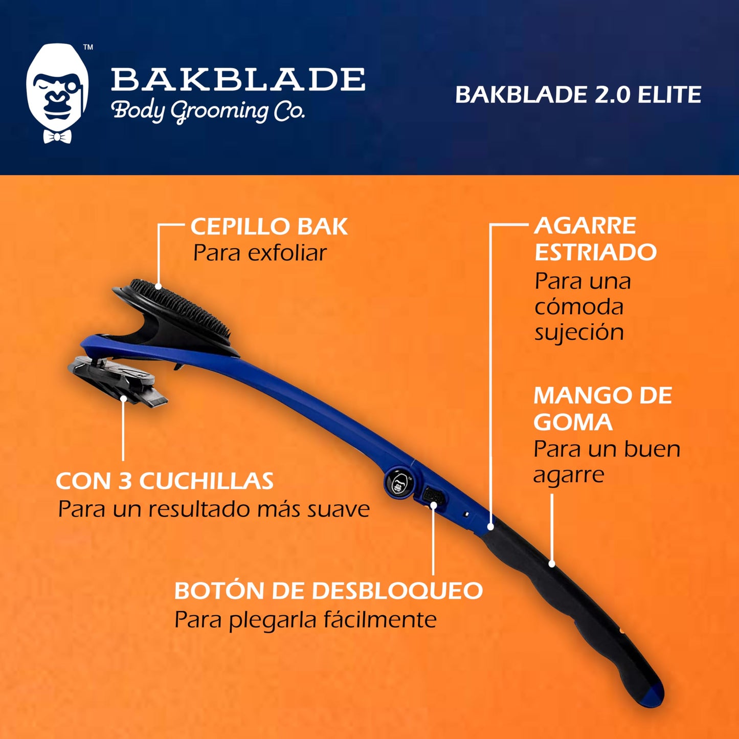 baKblade 2.0 PLUS - Afeitadora de espalda para hombre (bricolaje), mango ergonómico, afeitado húmedo o seco (cuchillas adicionales incluidas)