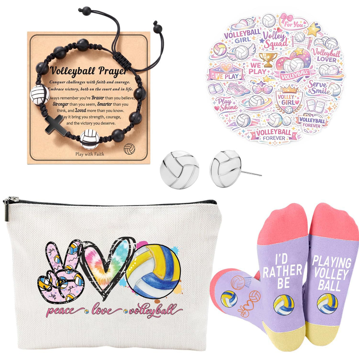 Flotreif - Juego de regalos de voleibol para adolescentes, regalos de voleibol, calcetines divertidos de voleibol, aretes de voleibol, bolsa de maquillaje, 50 unidades, 5 unidades, regalos de voleibol