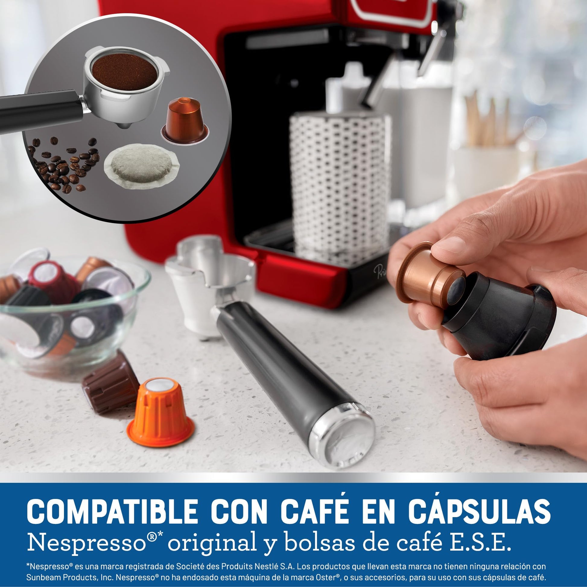 Cafetera Oster Roja con Panel Táctil y Funciones Automáticas para Espresso, Cappuccino y Latte