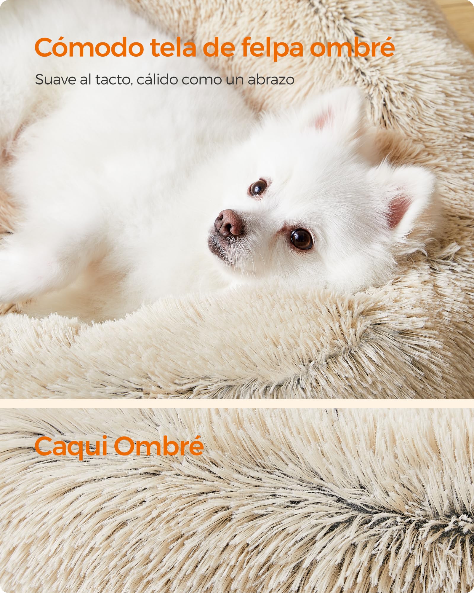Feandrea Cama de Perros, Cama para Mascotas, Diámetro de 50 cm, Cojín Central Extraíble y Lavable, Alfombra de Felpa, Caqui Ombré MPGW037S01