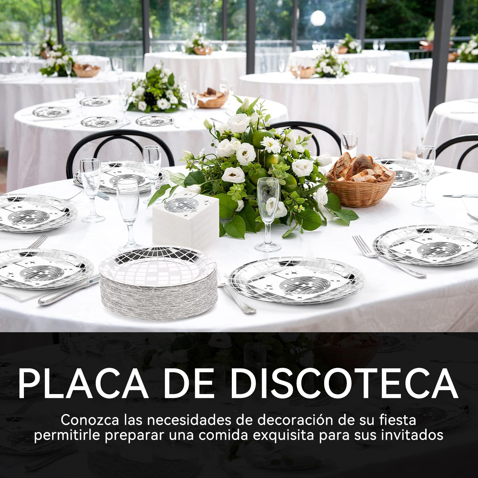 Juego de 175 Piezas de Vajilla para Fiesta de Discoteca, Platos, Tenedores, Cuchillos, Servilletas, Platos de Fiesta, Suministros de Fiesta de Discoteca de los años 70-90, para 25 Invitados (Plateado)
