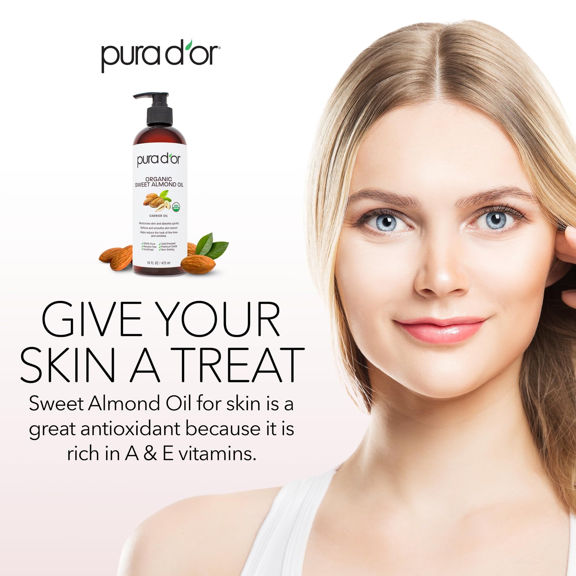 PURA D'OR Organic Sweet Almond Oil (16oz) USDA Certified 100% Pure & Natural Carrier Oil - Hexane Free - Skin & Face - Facial Polish, Full Body, Massages, DIY Base (Packaging may vary)