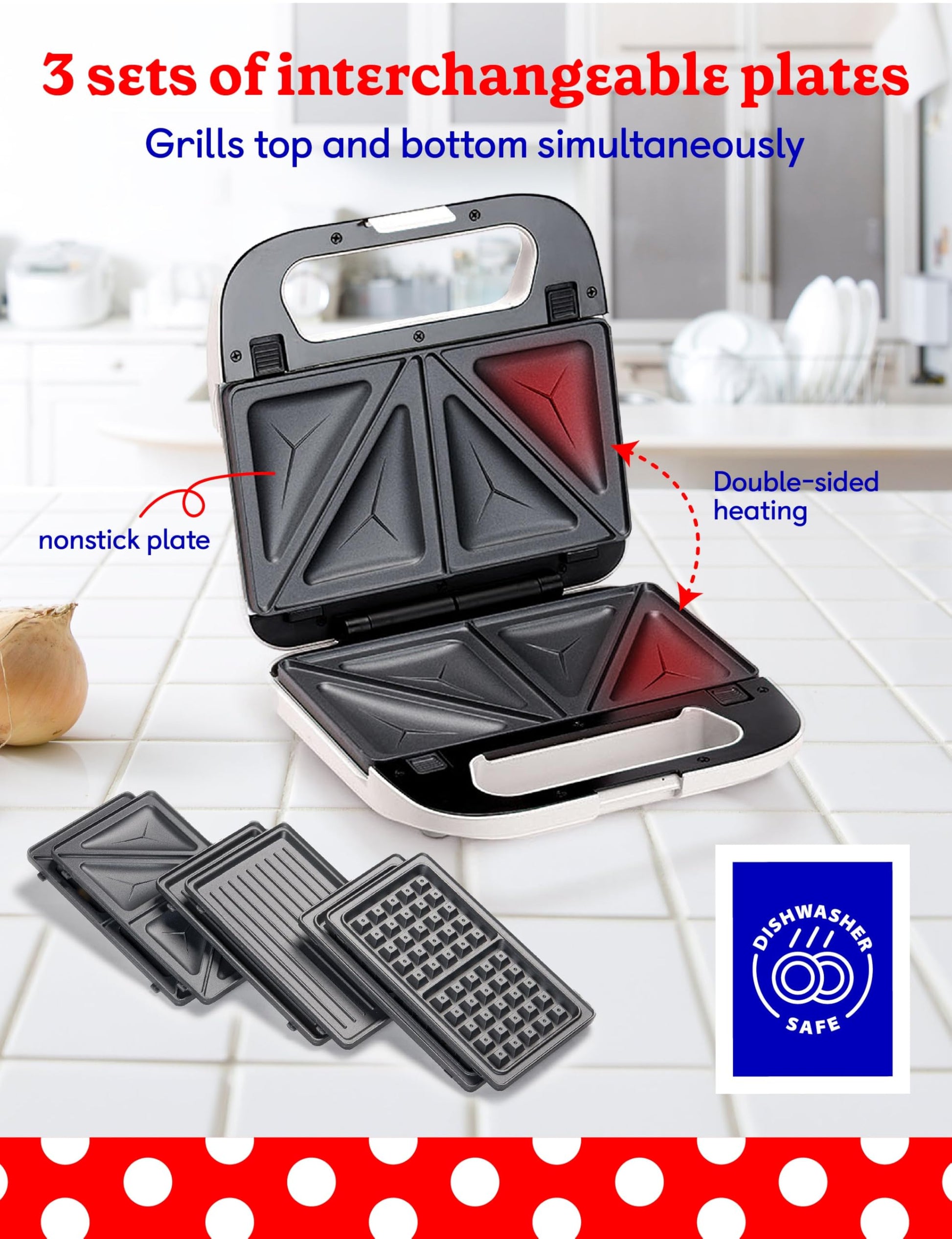 Betty Crocker 3 en 1 - Parrilla para interior, sándwich/Panini Press & Waffle Maker Plus, parrilla eléctrica interior con placas antiadherentes intercambiables, 750 W, BC-4965W, color blanco