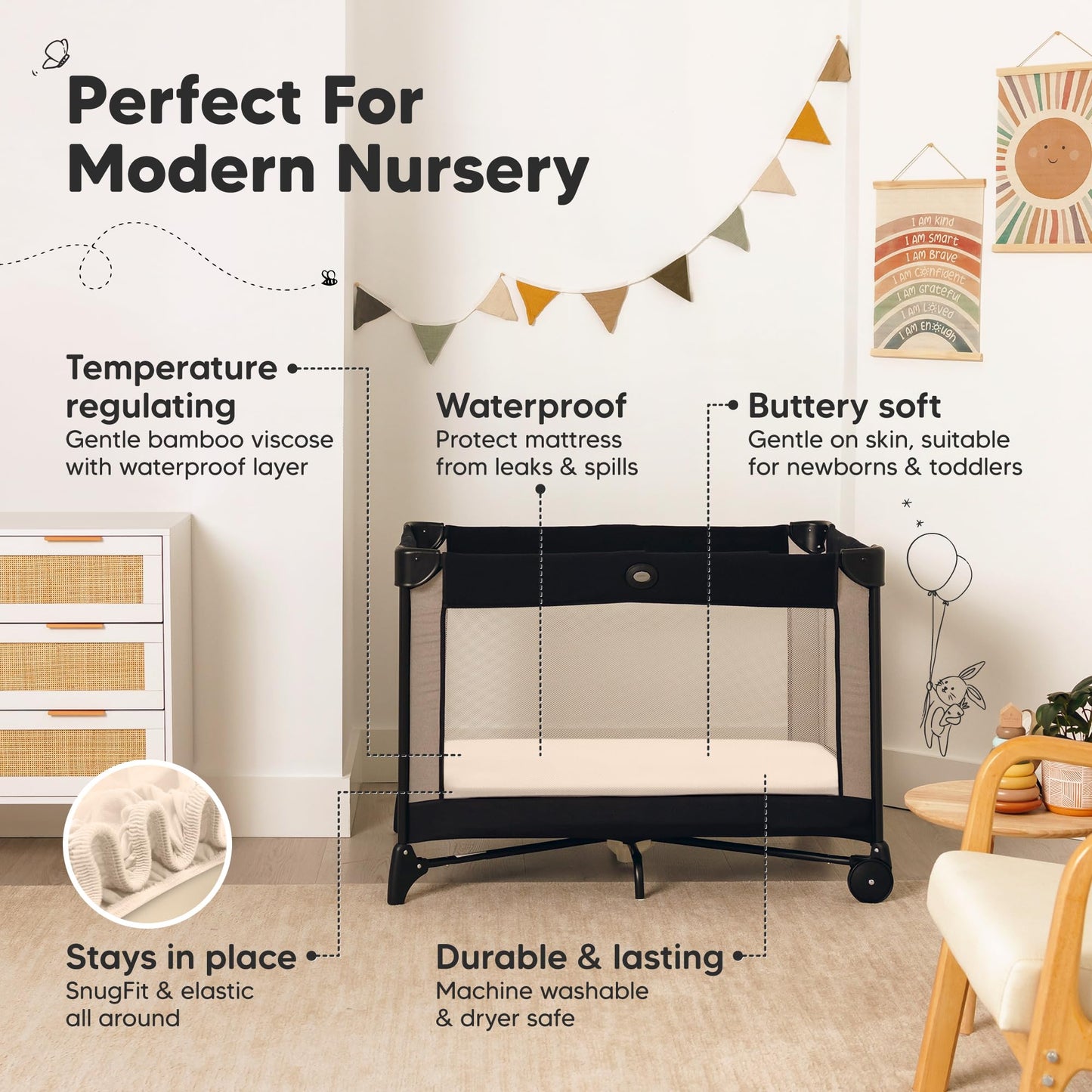 Paquete de 2 sábanas impermeables y de juego, mini sábanas para cuna ajustadas para niños, niñas, viscosa de 38 x 26 pulgadas de bambú Pack N Play para Graco, sábanas de cuna para bebé infantil neutro