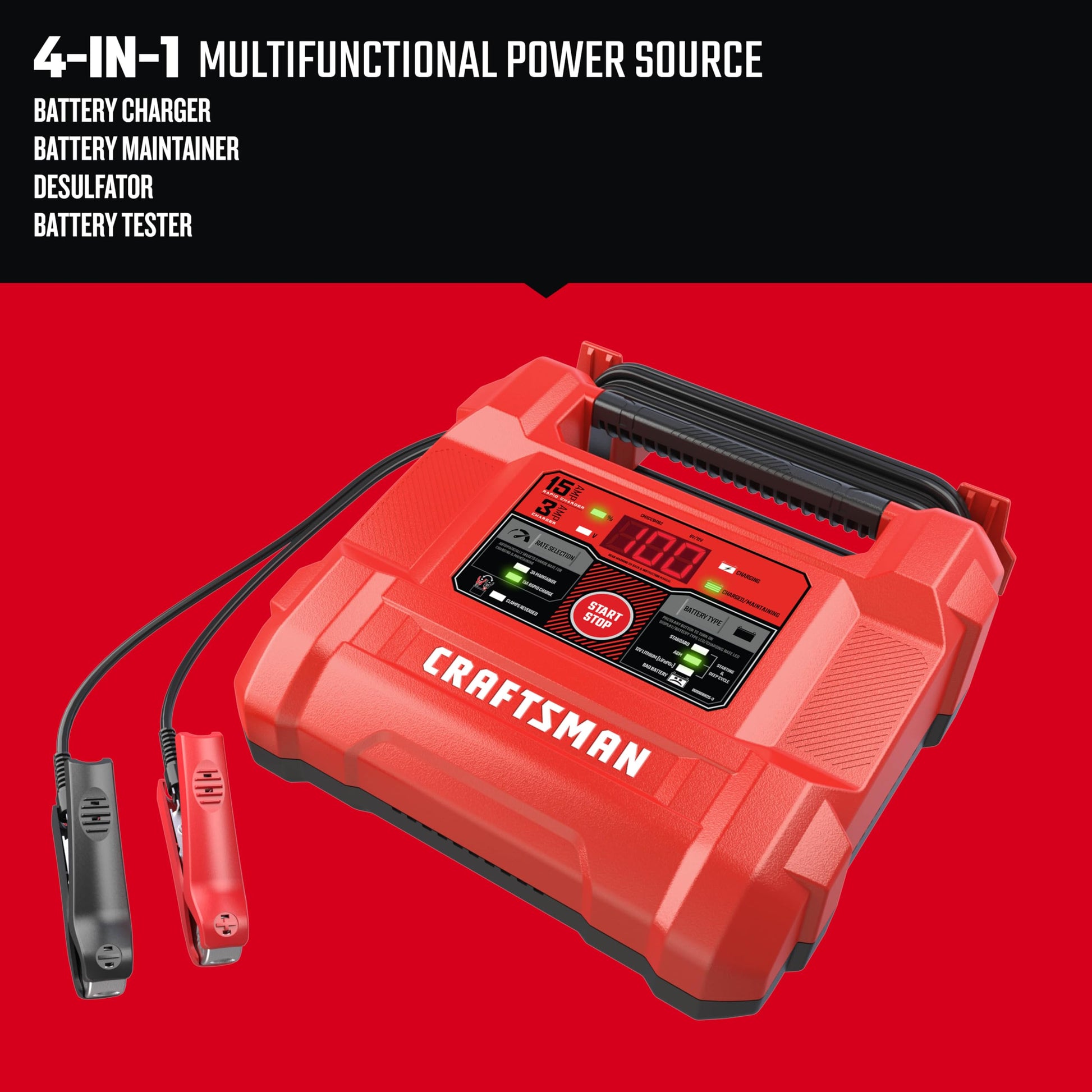 Craftsman Cargador y mantenedor de batería, CMXCESM162, 4 en 1, Completamente automático, probador de batería, 15 amperios, 6 voltios, 12 voltios, para automóviles, SUV, Camiones y baterías Marinas