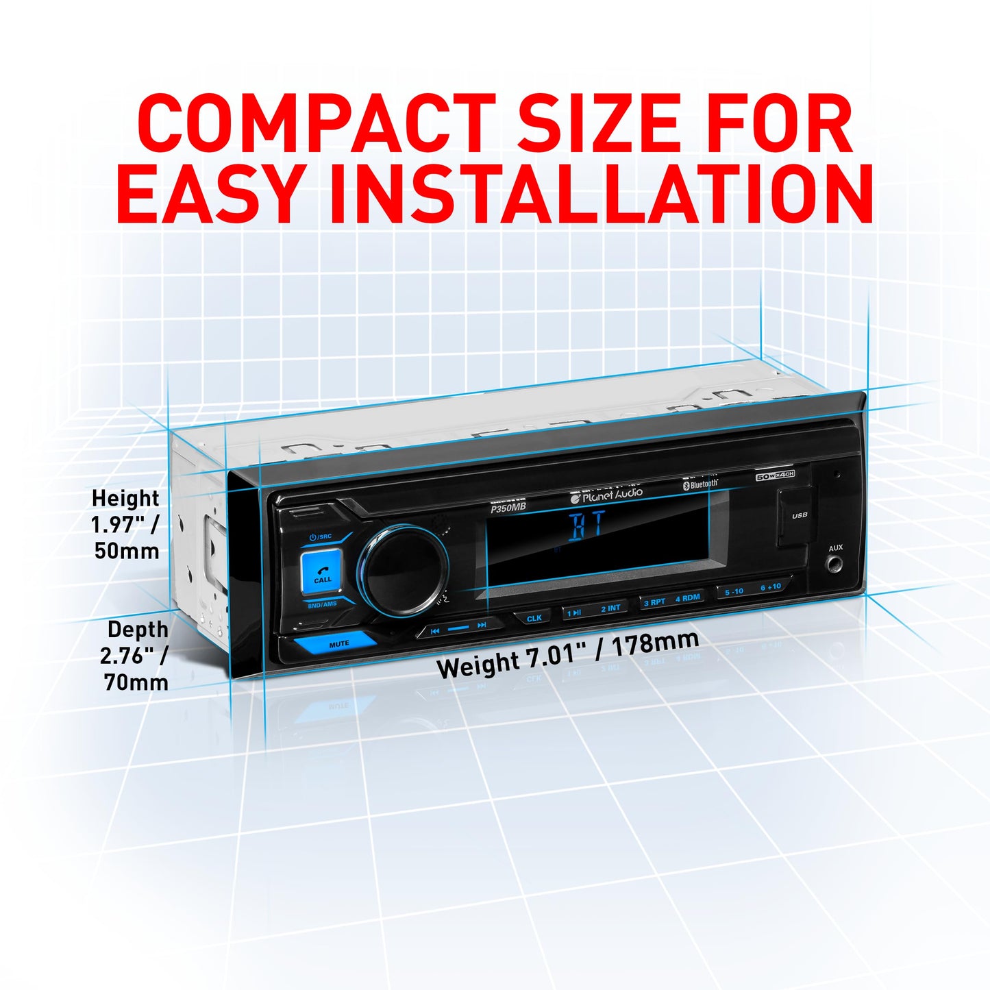 Planet Audio Sistema estéreo de Audio para automóvil P350MB: DIN único, Unidad Principal de Audio y Llamada Bluetooth, MP3, Audio USB, Carga USB, Entrada AUX, Receptor de Radio Am/FM