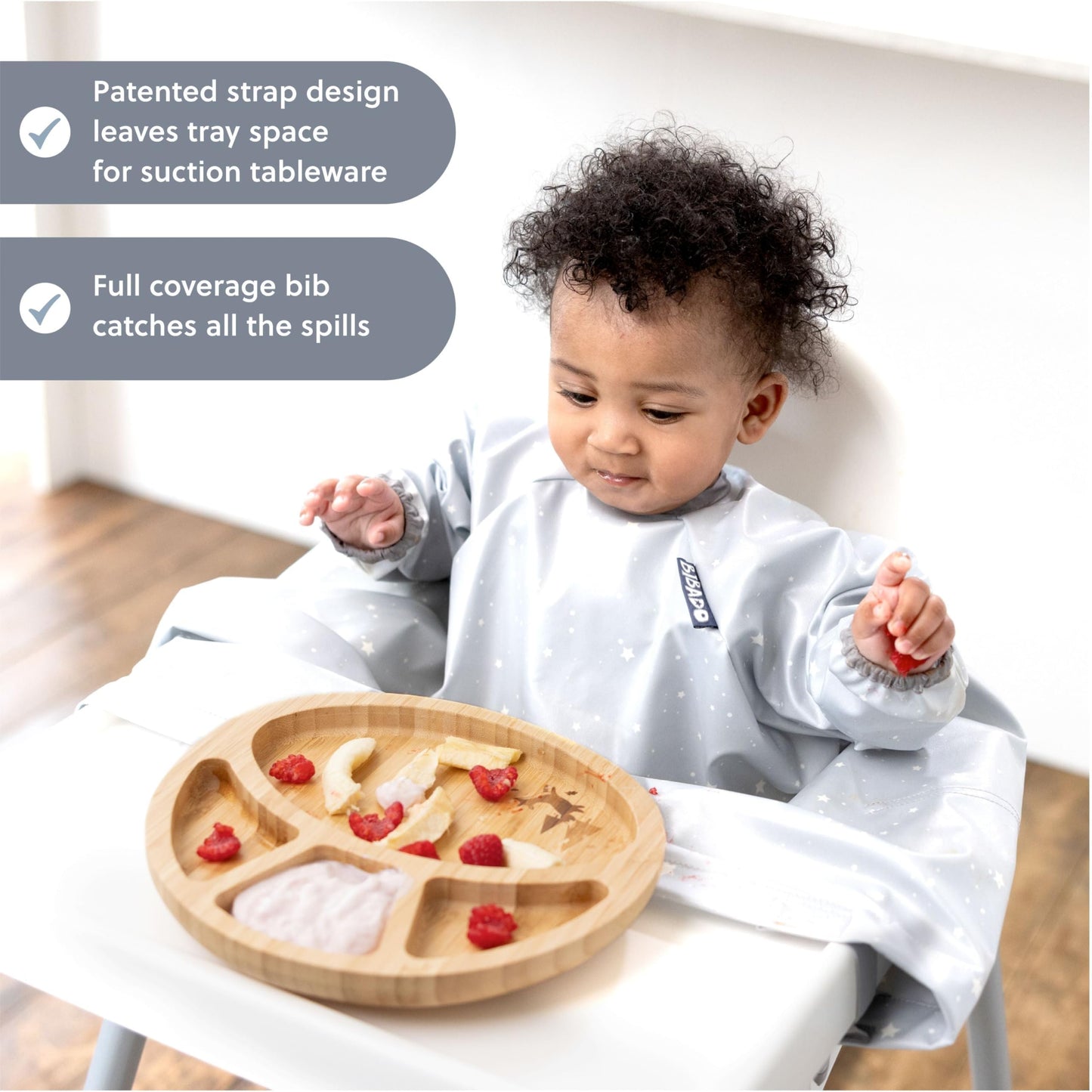 BIBaDO - Baberos de alimentación para bebé, baberos de destete, baberos fáciles de limpiar para comer, silla alta ajustable para atrapar todo, Teddy Bears Bike Ride, Short Sleeve
