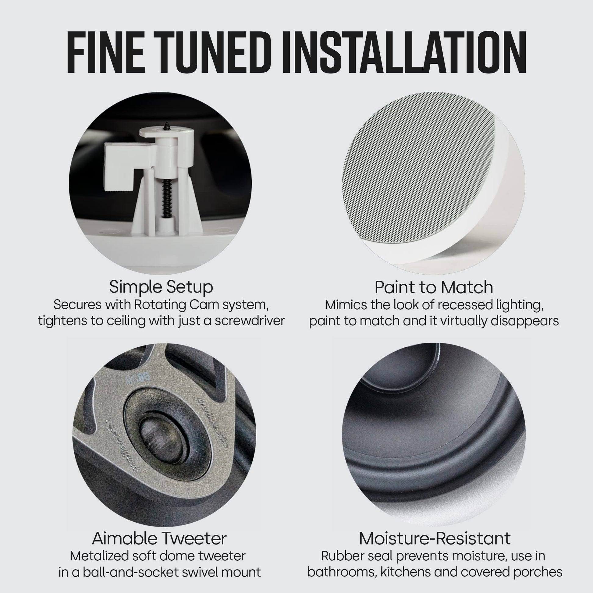 Polk Audio MC80 Altavoz de 2 vías en el Techo de 8 Pulgadas (Individual) | Audio Incorporado dinámico | Perfecto para Zonas húmedas Interiores y Cerradas | Baños, cocinas, Patios | Blanco