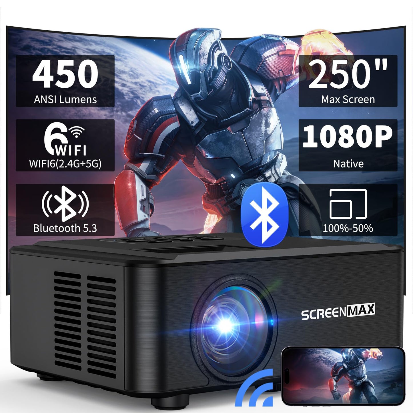 Proyector SCREENMAX NATIVO 1080P Wifi Bluetooth Portátil para Exteriores 2024 450 ANSI