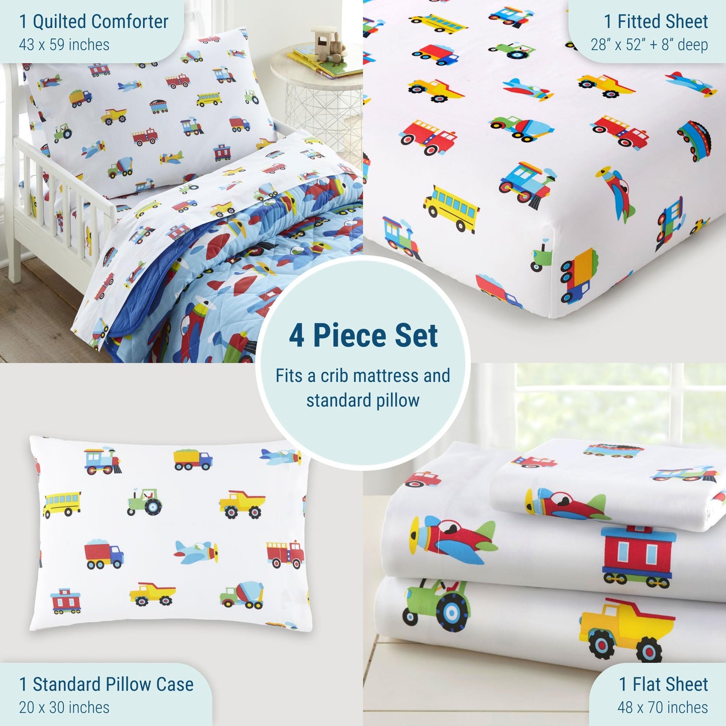 Wildkin Juego de cama de 4 piezas 100% algodón para niños y niñas, incluye edredón, sábana encimera, sábana bajera y funda de almohada, juego de cama para acurrucarse acogedores (trenes, aviones y camiones)