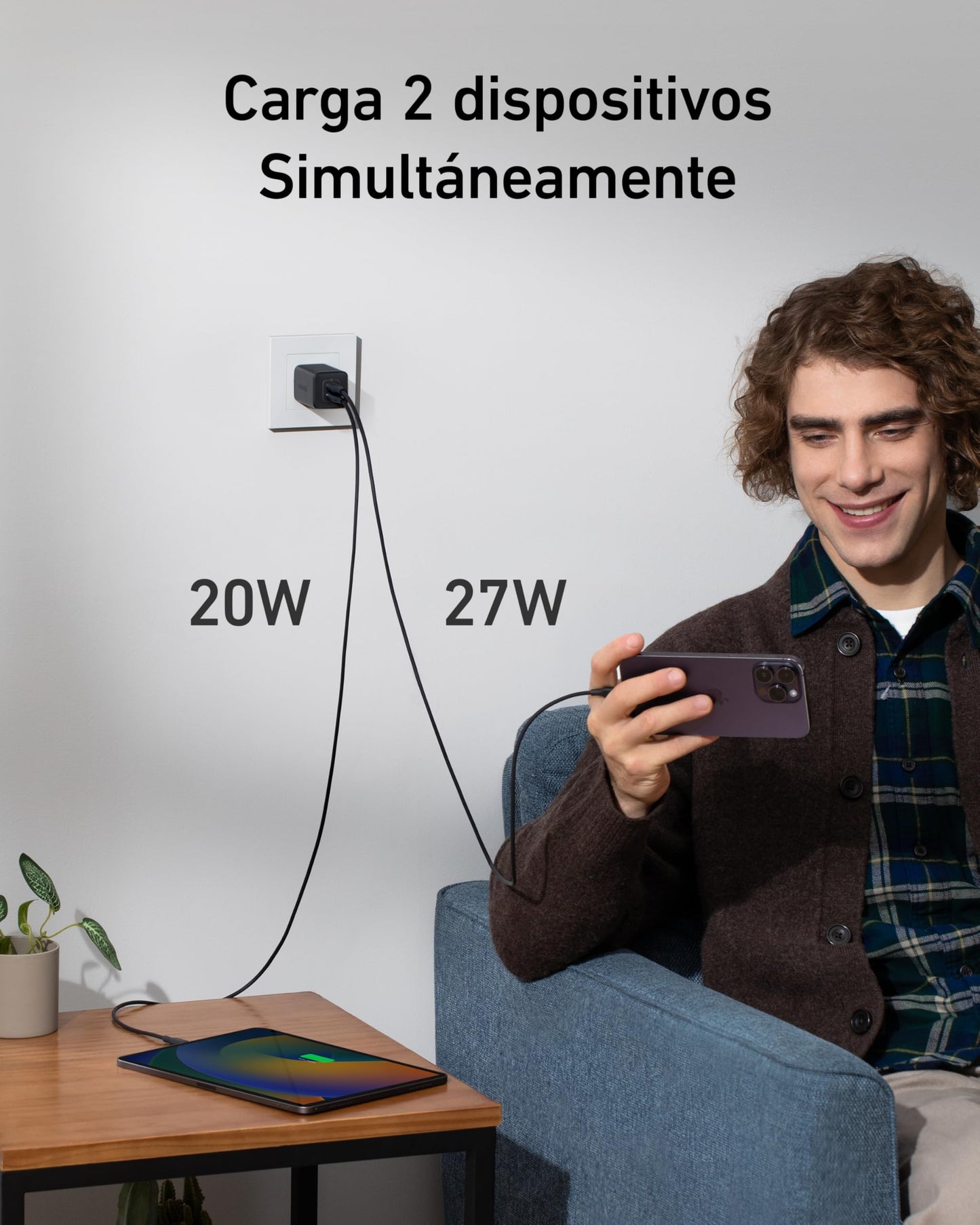 Cargador USB-C Anker Blanco GAN Compacto de 47 W y 2 Puertos para iPhone y Galaxy