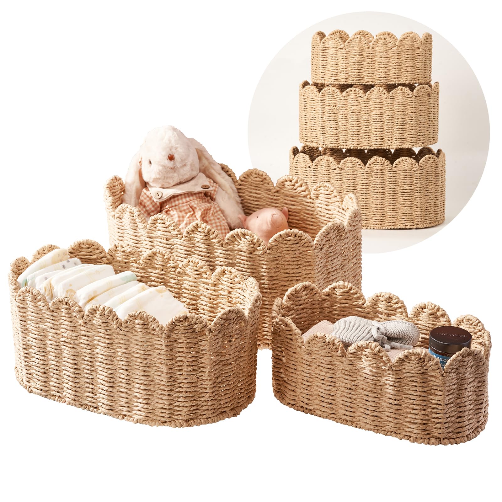 Juego de 3 cestas festoneadas de almacenamiento de mimbre, organizador de guardería de cuerda de papel tejida a mano para pañales, juguetes y estantes, natural (16 x 10 x 7 pulgadas)