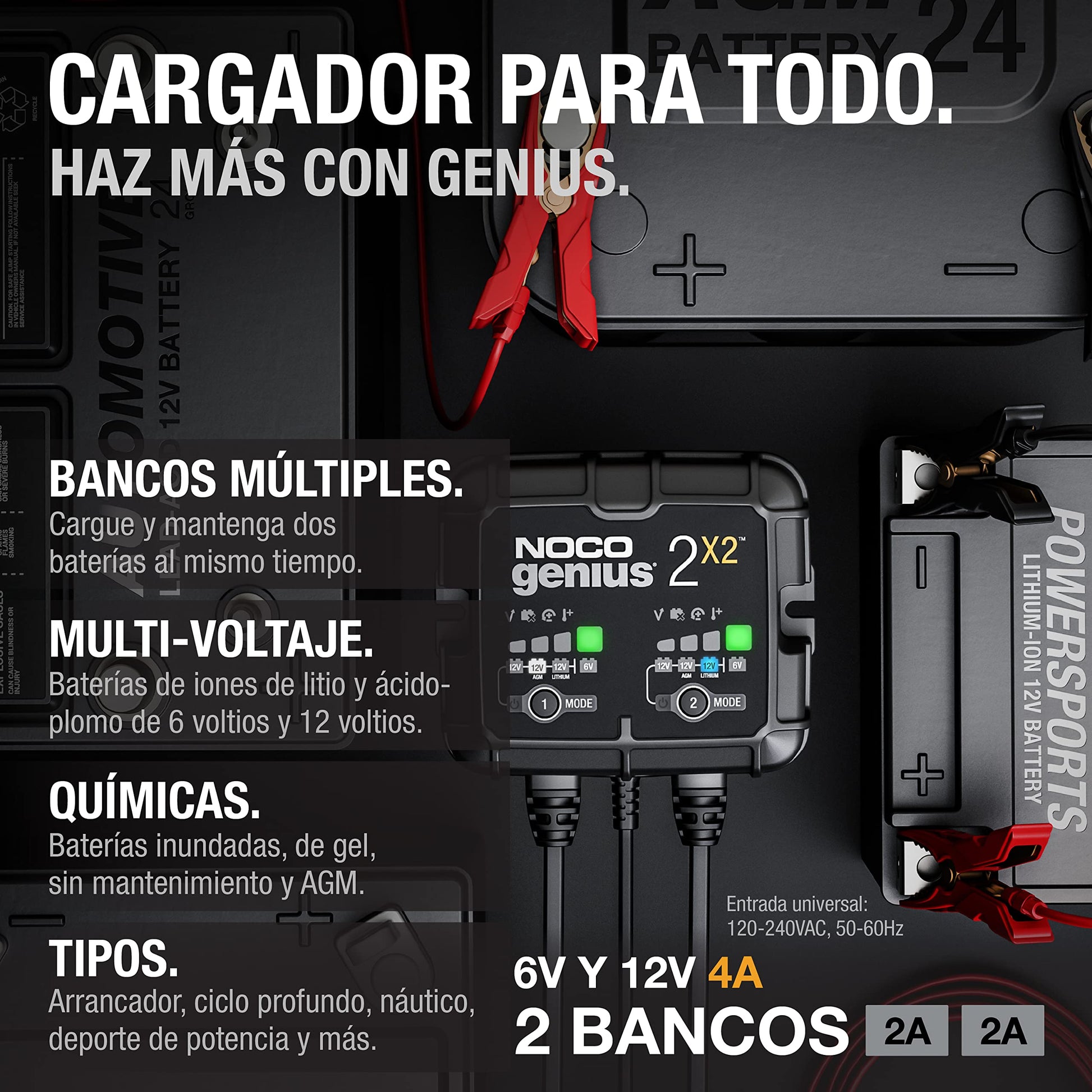 NOCO GENIUS2X2: Cargador Inteligente 6V/12V 4A de 2 Bancos (2A por Banco) – Mantenedor automático, Cargador Lento y desulfatador con protección contra sobrecarga – para baterías de Plomo y Litio