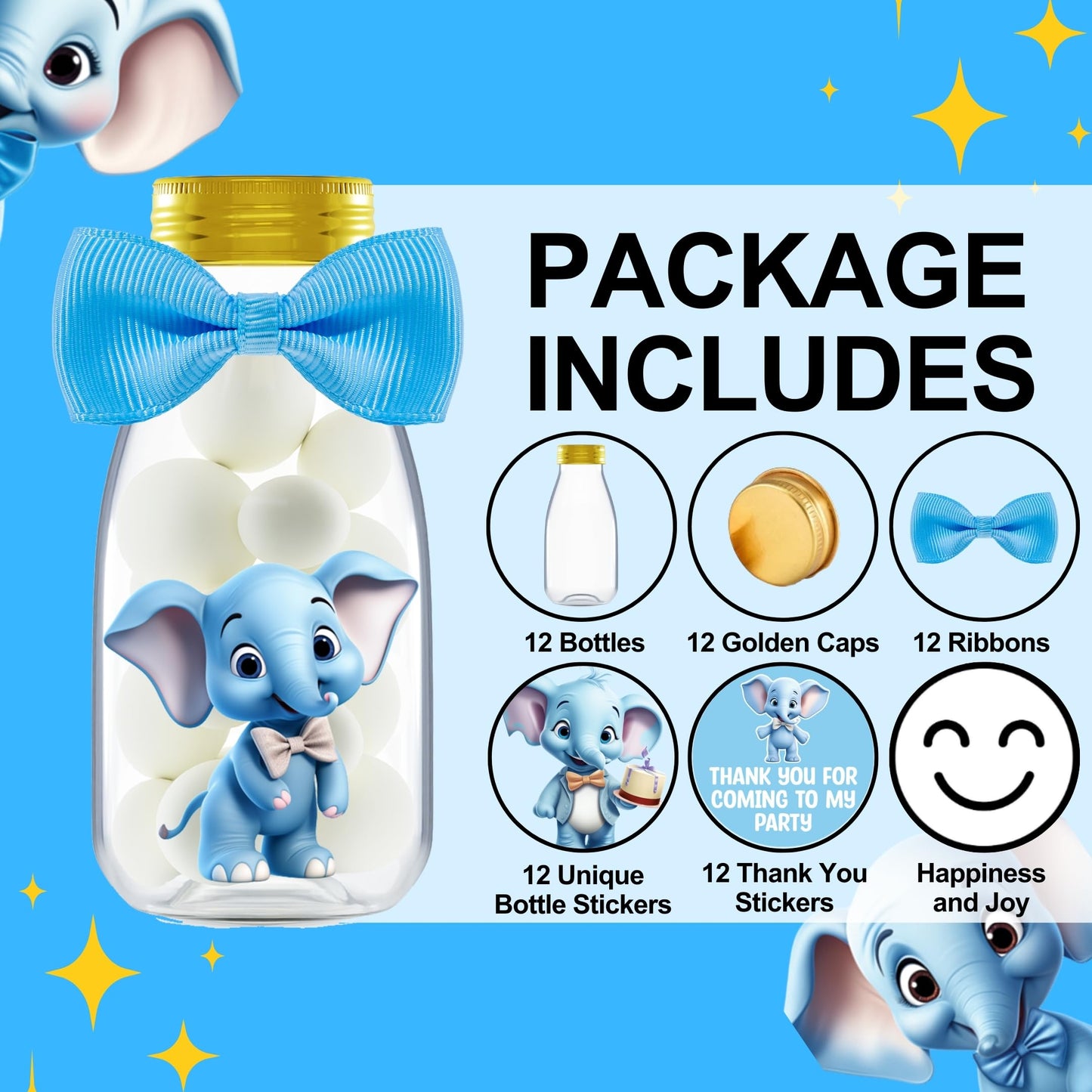 Ethisa - Paquete de 12 botellas de plástico de elefante azul
