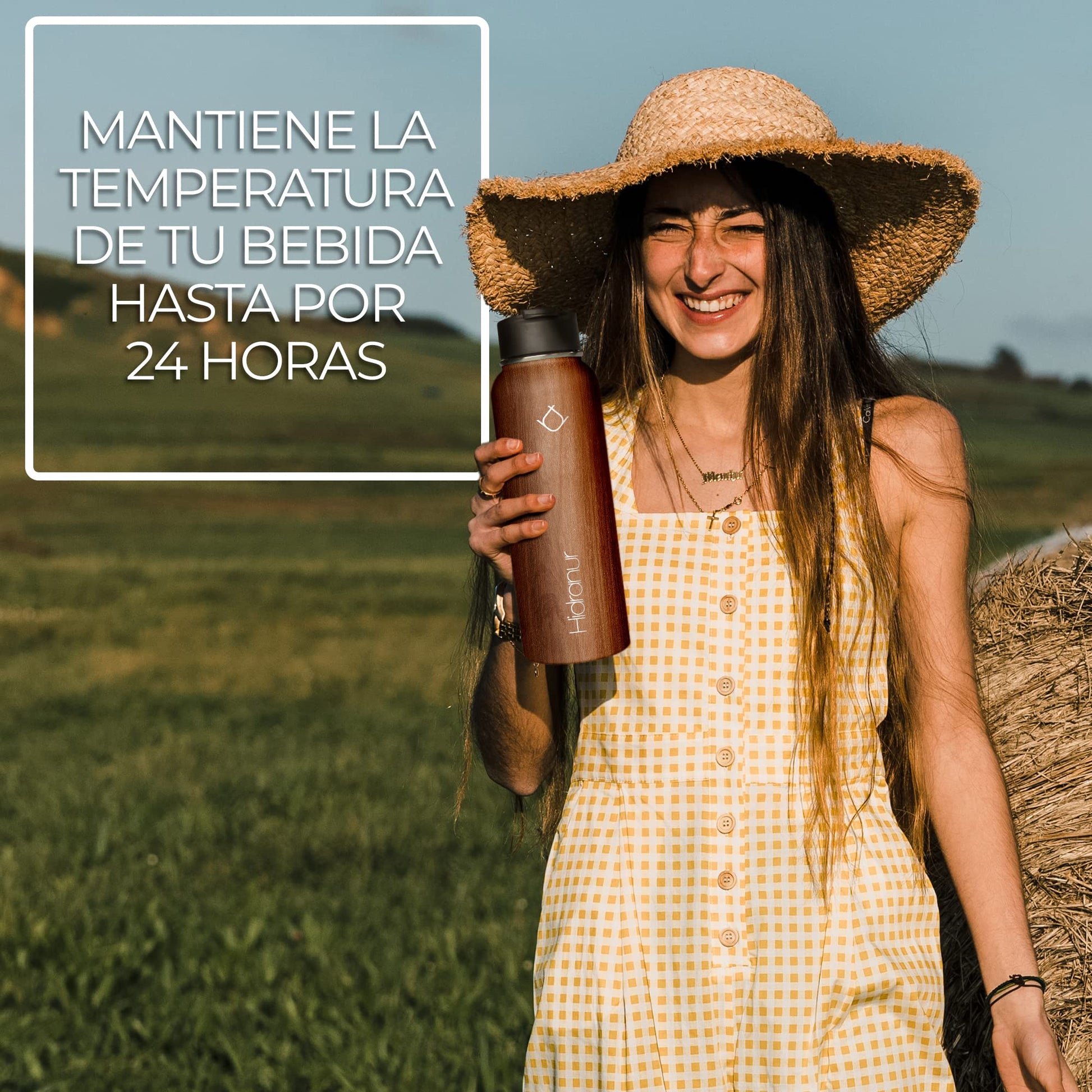 Hidranur Termo de Acero Inoxidable Doble Aislamiento Térmico, Termo Para Café 32 oz (946.35 ml), 3 Tapas Herméticas, 2 Popotes, 24 Hrs de Agua Caliente y Fría (Madera, 32 Oz (946.35 ml))
