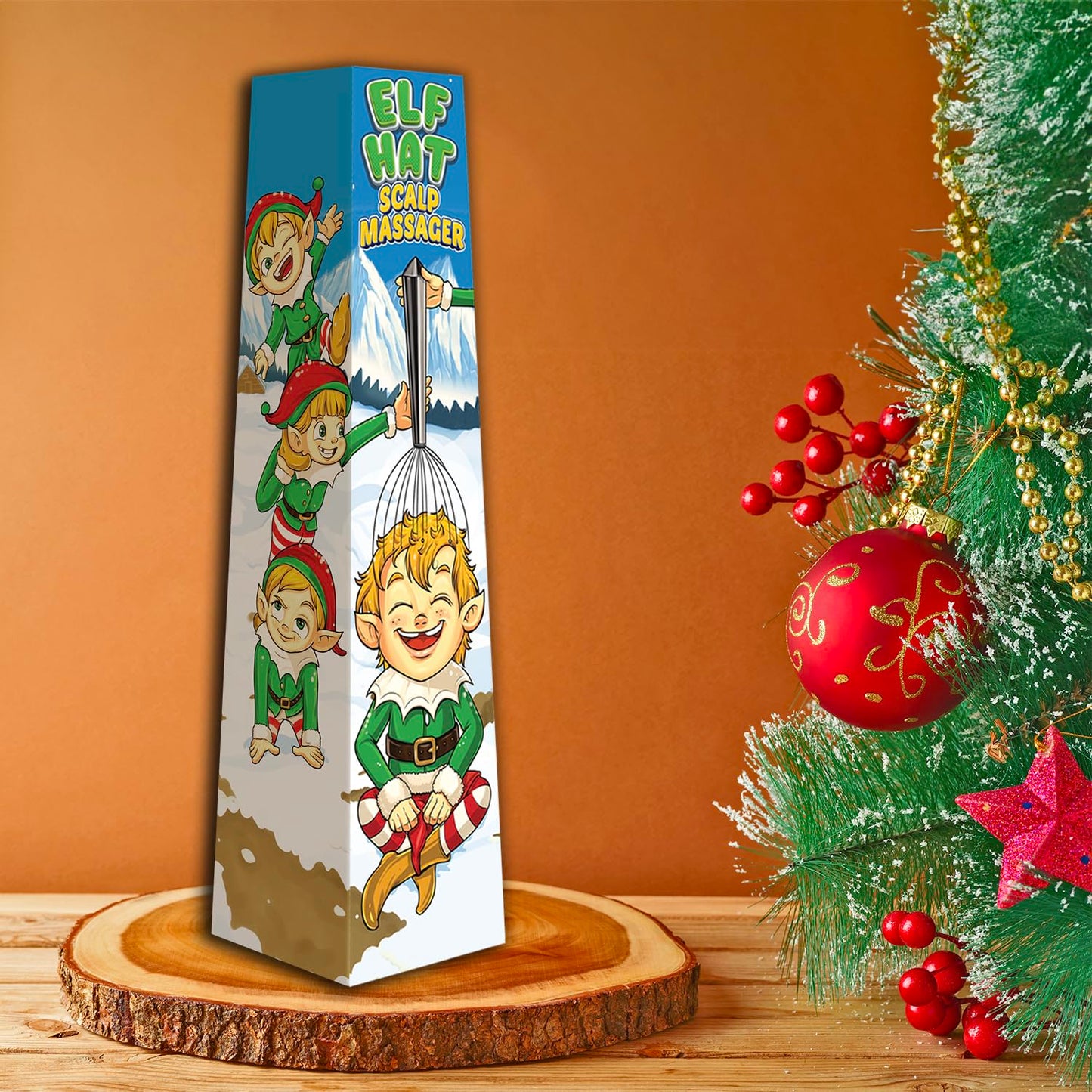 Masajeador de piel cabelludo en caja de regalo de Navidad, relleno de calcetines para hombre para adultos. Ideas de regalo de elefante blanco de Papá Noel. Elf Hat Theme - Masajeador de cabeza de 20 puntas para mujer y adolescente