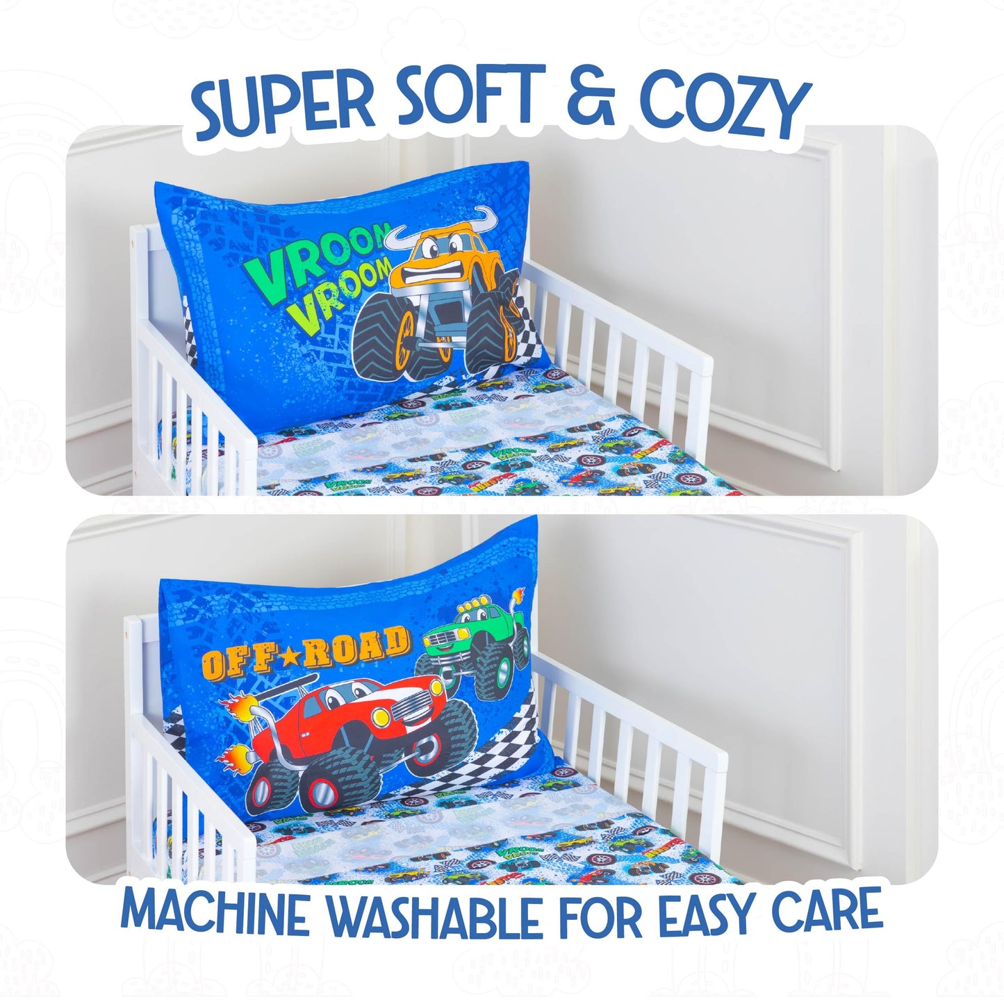 Todays Kids Monster Trucks - Juego de ropa de cama infantil para niños, juego de edredón de 4 piezas para niños, edredón reversible y funda de almohada, sábana encimera, sábana bajera, microfibra
