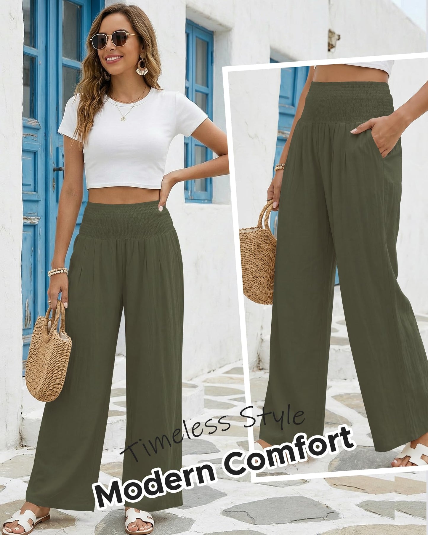 Makepid Pantalones casuales de pierna ancha para mujer, pantalones palazzo de cintura alta, pantalones de verano para estar en casa con bolsillos, color verde militar.