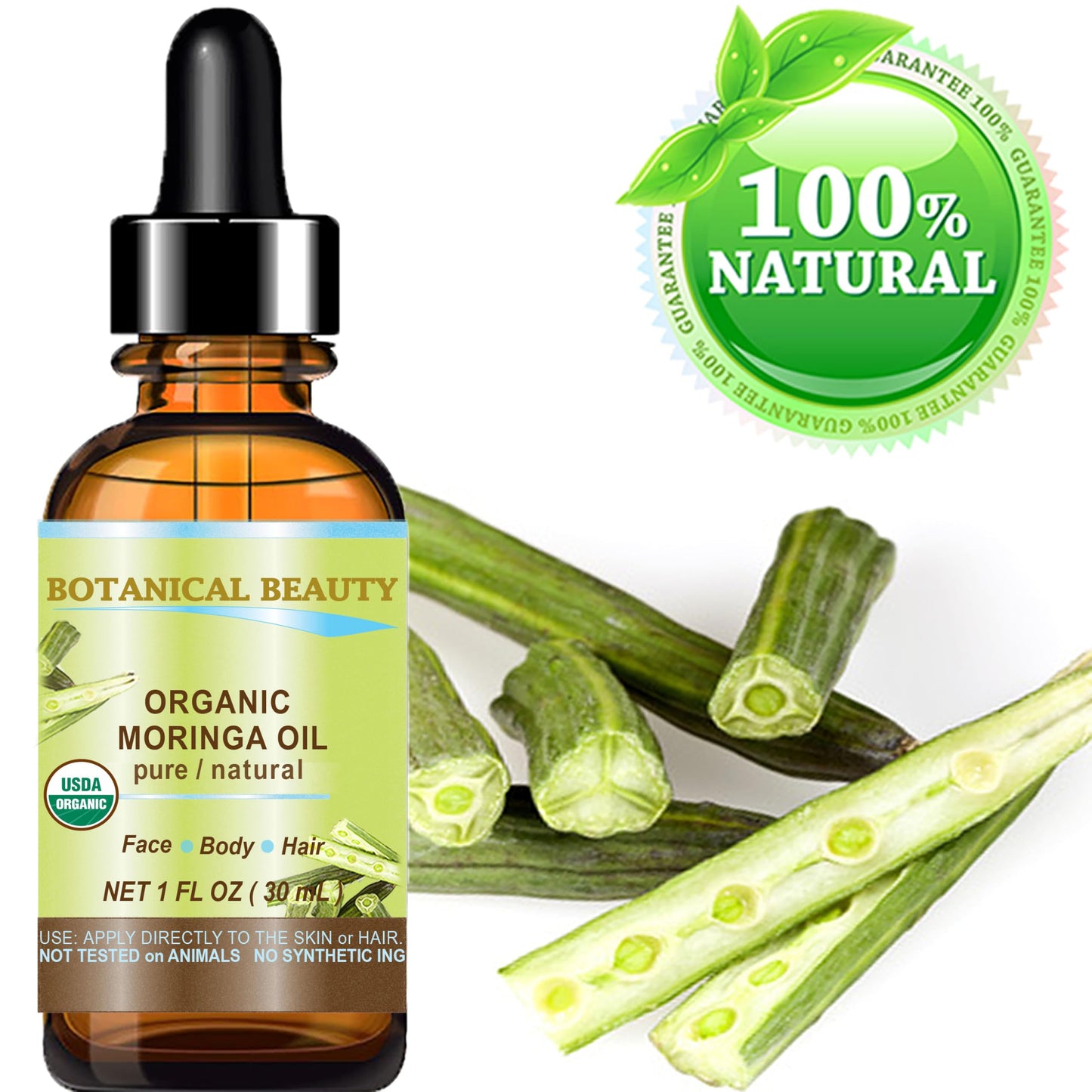 MORINGA OIL CERTIFIED ORGANIC. 100% Pure / Natural / Undiluted. 1 Fl.oz.- 30 ml. For Skin, Hair, Lip and Nail Care. by Botanical Beauty