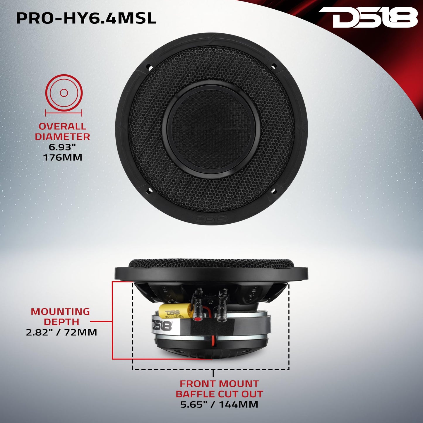 DS18 Pro-HY6.4MSL - Altavoz de Audio híbrido de Rango Medio para Coche de 6.5 Pulgadas con Driver Integrado y Parrilla incluidos, 300 W máximo 150 W RMS 4 ohmios (1 Altavoz)