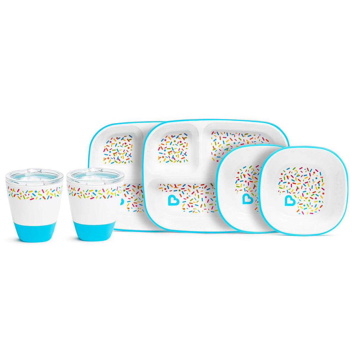 Munchkin® Splash™ Juego de suministros de alimentación para niños pequeños, incluye plato dividido, tazón y copa abierta, rociadores azules