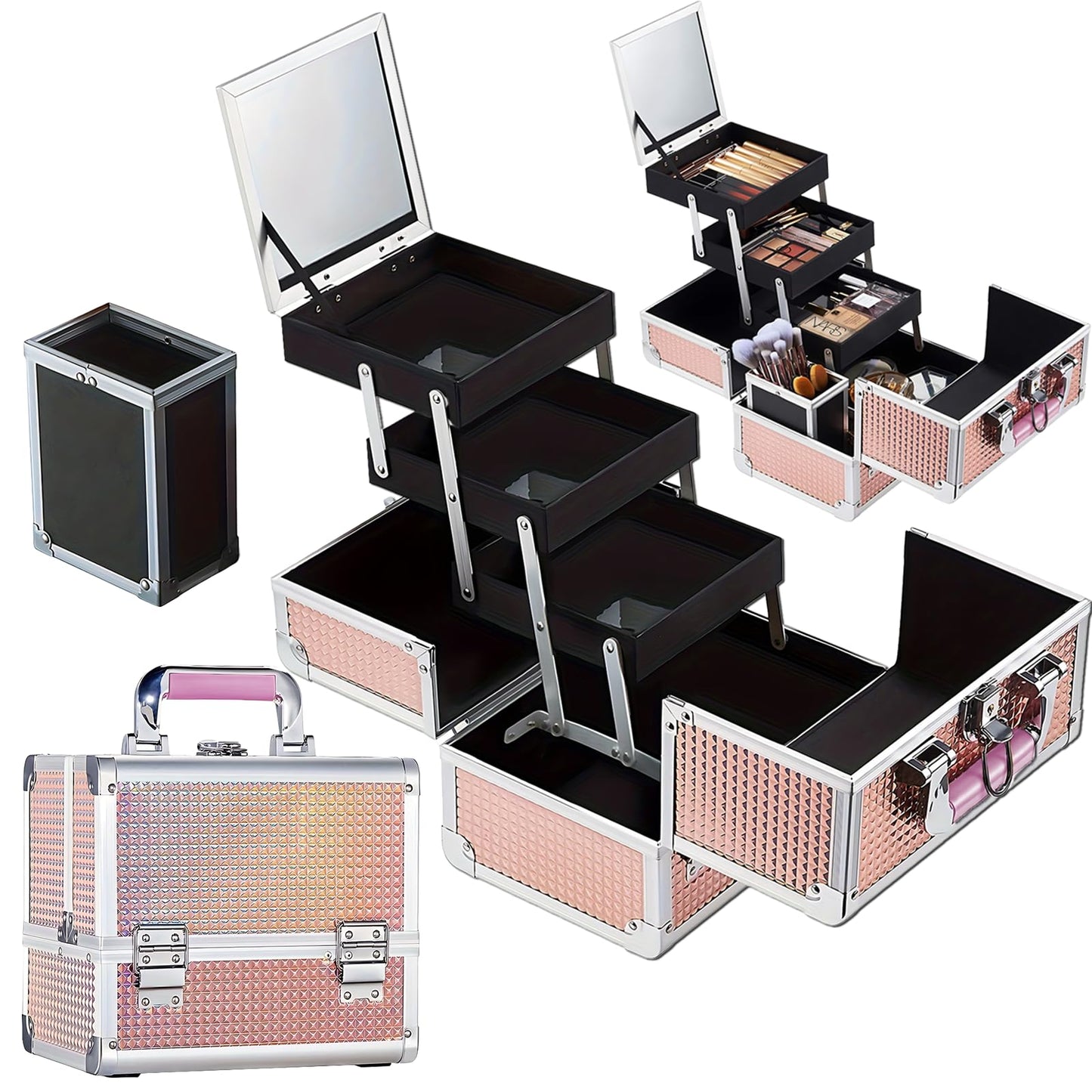 SIJEW Estuche de Tren de Maquillaje, Caja de Viaje Para Cosméticos, Caja Organizadora de Maquillaje con Espejo, 3 Bandejas, Oro Rosa, Organizador de Joyas Con Cerradura Portátil (Rosa)
