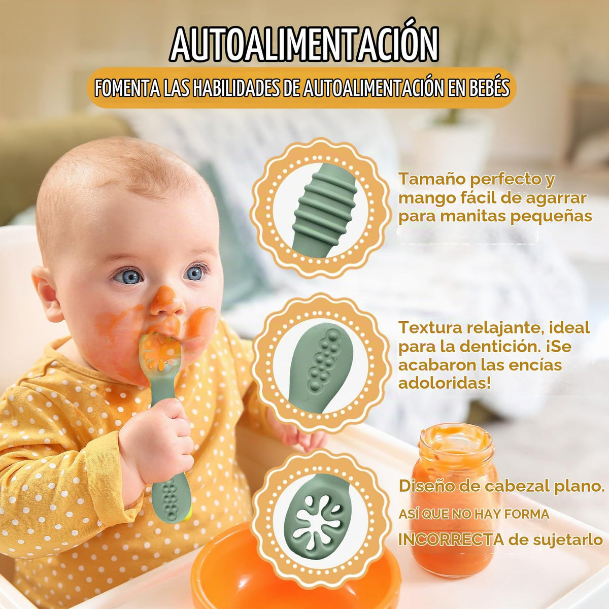 HippoBaby - Cucharas de silicona para bebé, 4 piezas, utensilios autoalimentables para bebé, 6 a 12 meses, 3 cucharas para bebé, 1 tenedor para bebé, juego de cubiertos para niños pequeños, sin BPA