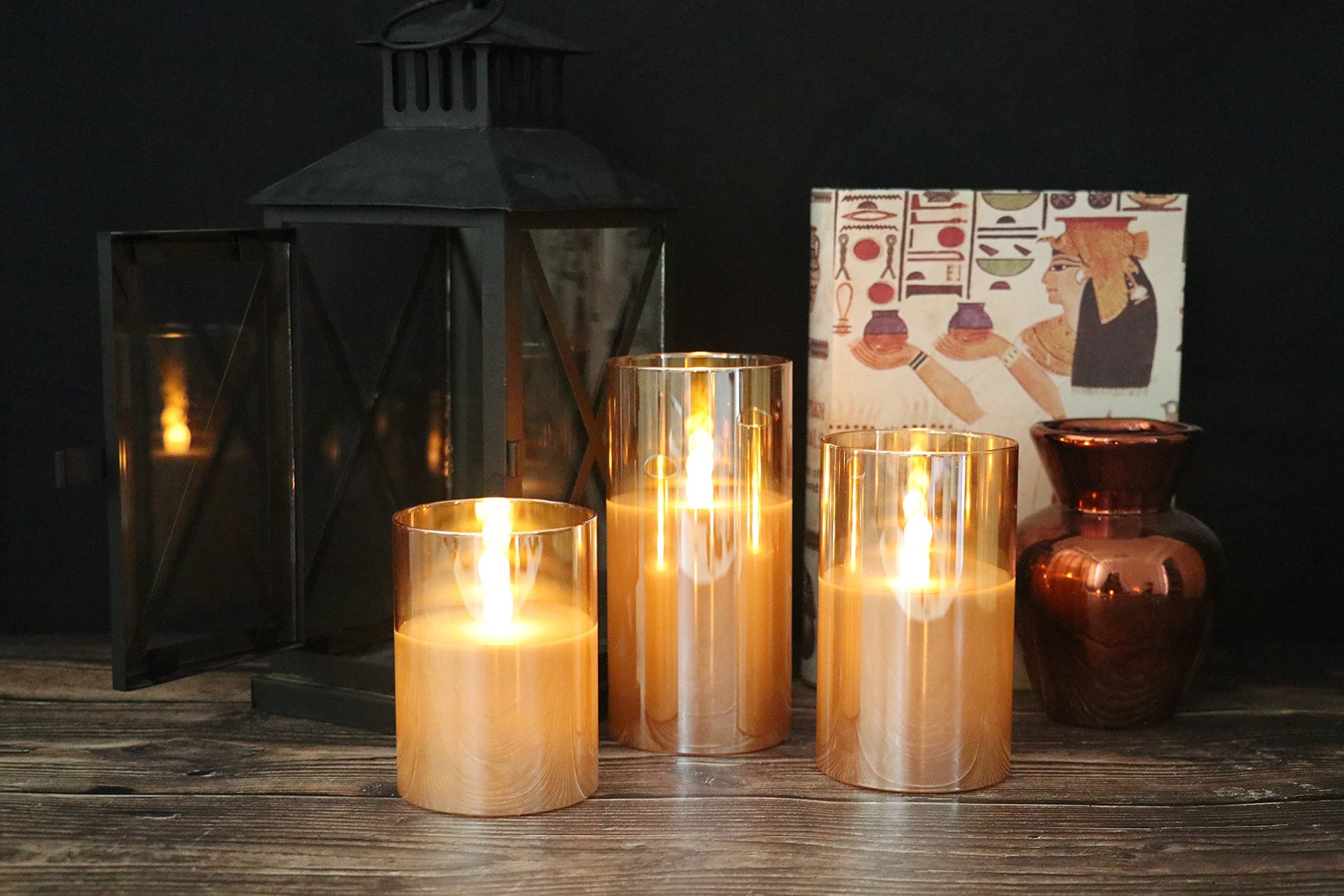 GenSwin - Velas led sin llama de vidrio dorado con control remoto de 10 teclas y temporizador, velas de cera real, luz blanca cálida parpadeante para decoración del hogar (juego de 3)
