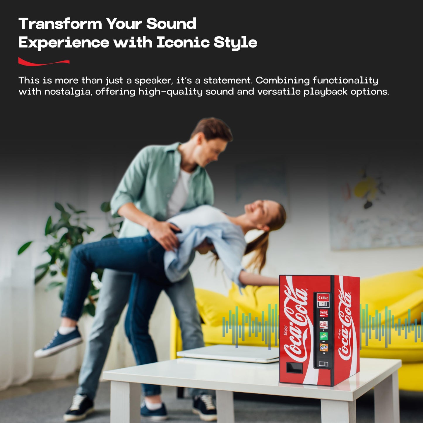 Coca-Cola - Bocina de máquina expendedora doble de 5 W, inalámbrica Bluetooth v5.3, con radio FM, reproducción USB/MicroSD, entrada AUX, alcance de 10 m, batería recargable, indicador LED, licencia