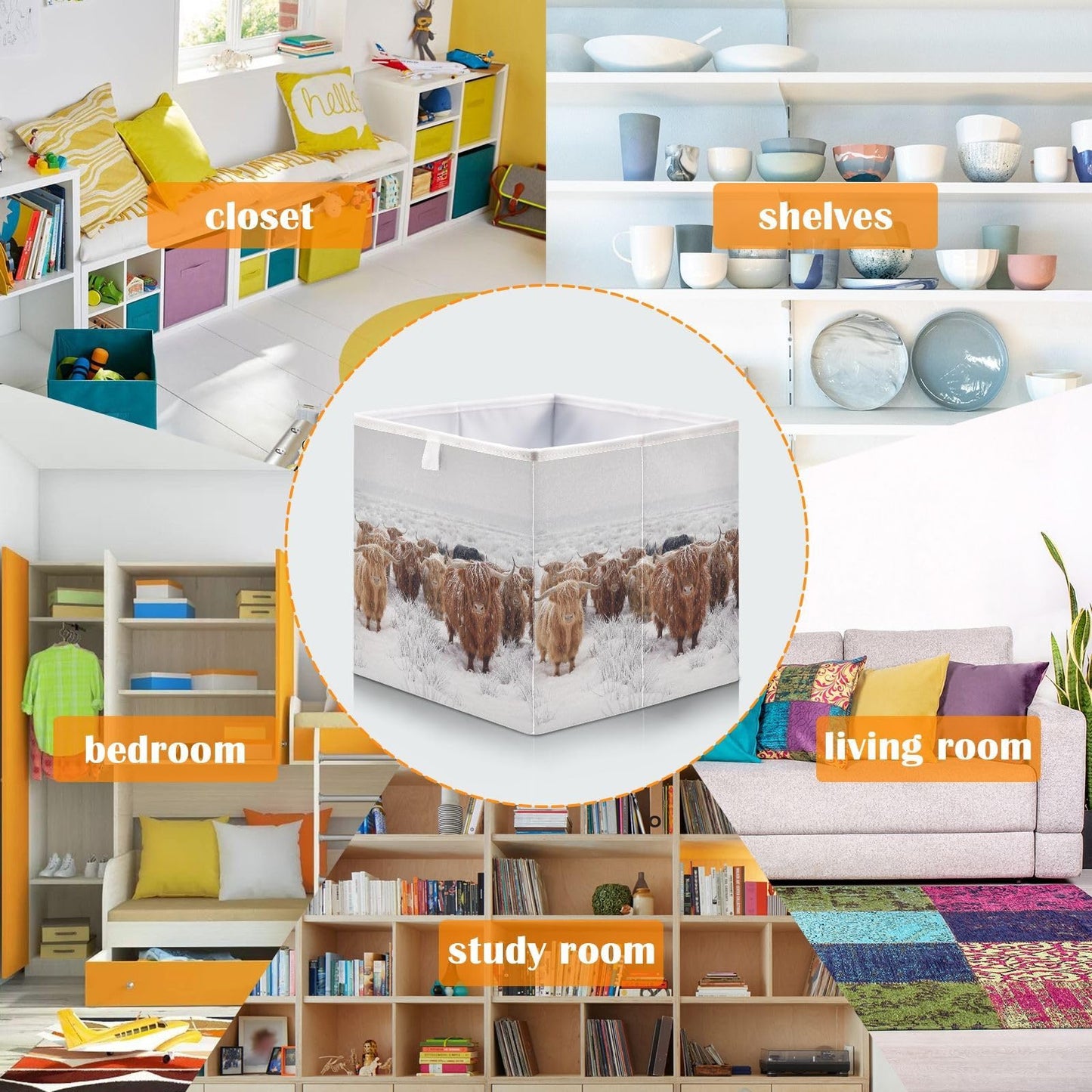 Contenedores de almacenamiento abiertos plegables de vaca escocesa de las tierras altas en un invierno natural, cesta de almacenamiento plegable para guardería, cubo de tela, organizador rectangular con asas para estantes, armario, decoración del hogar
