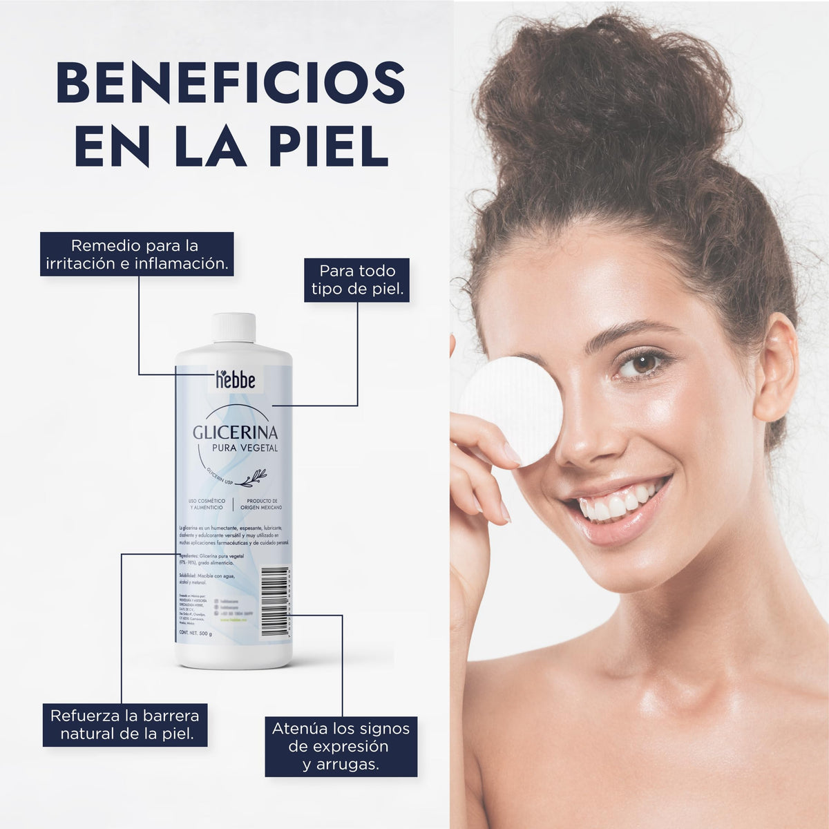 Hebbe Glicerina Vegetal Pura 500 g | Humectante Calmante | Para Piel Sensible | Refuerza Barrera Cutánea | Uso Cosmético y Alimenticio