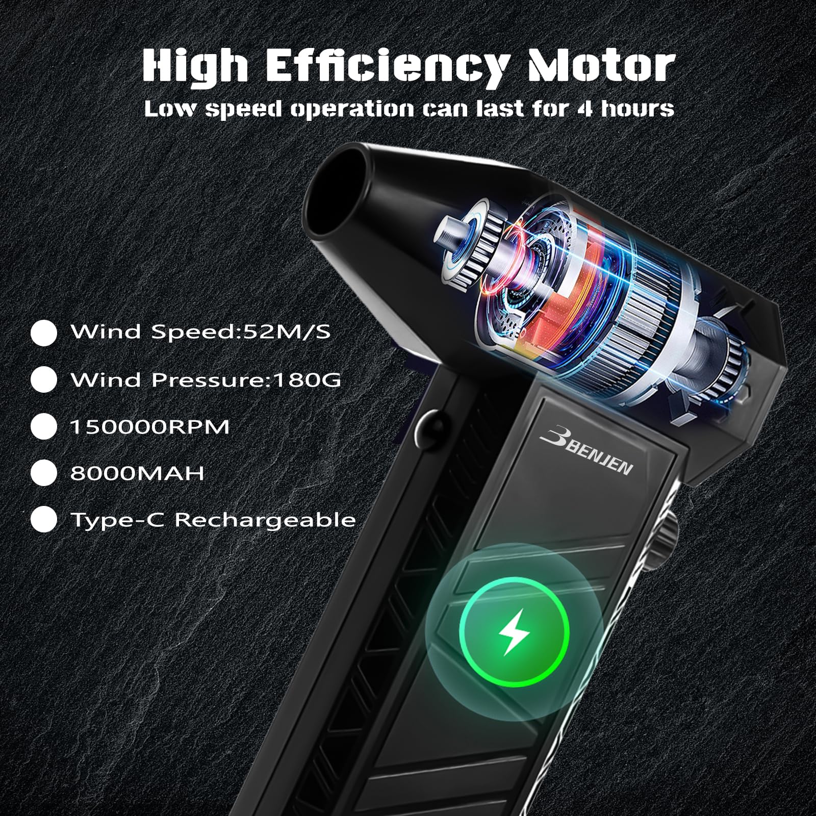 BENJEN - Soplador de aire comprimido, eléctrico, de 150 000 rpm para limpiar teclados y PC, velocidad ajustable infinitamente, sin cables, ventilador turbo, secador, soplador para coche y más