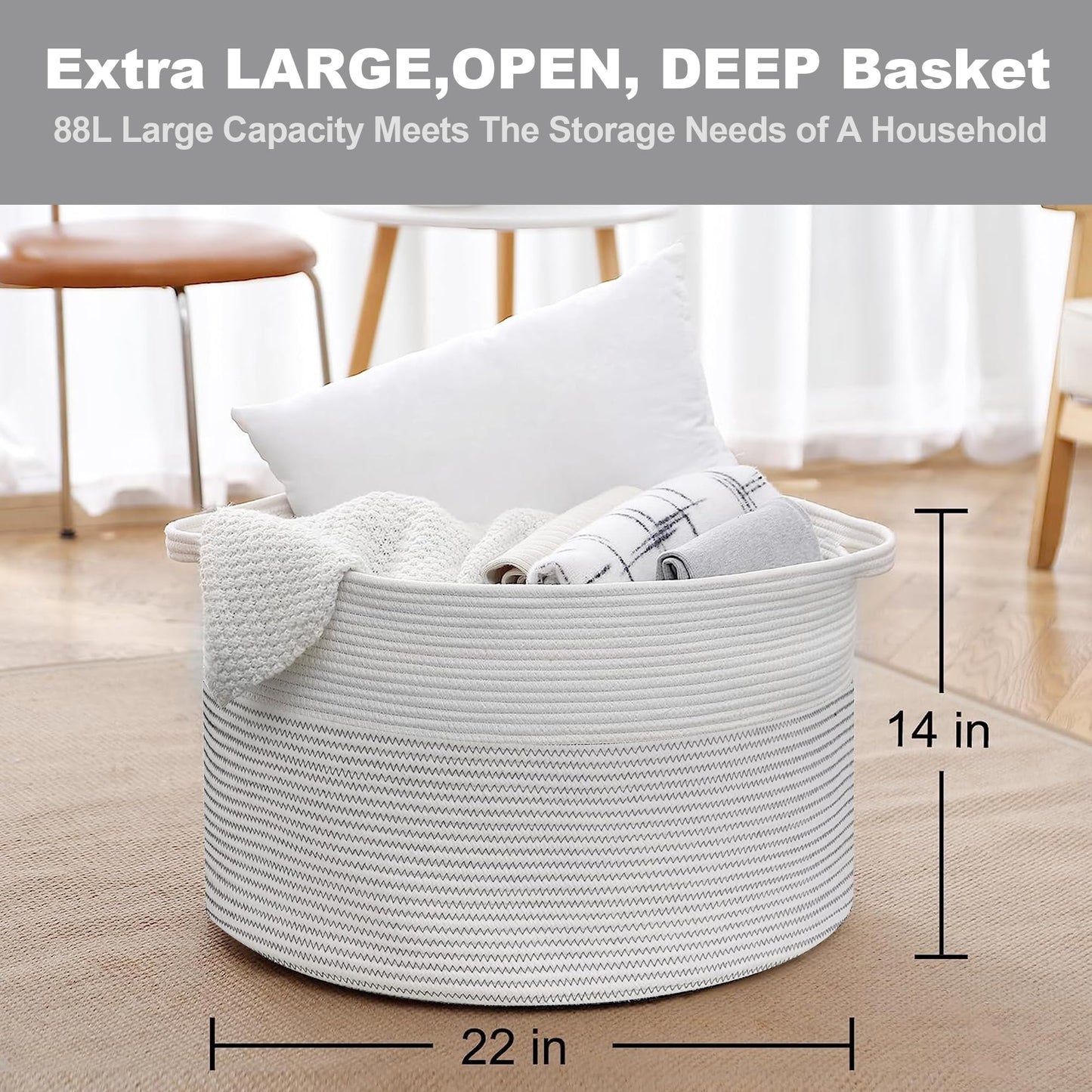 MEGASKET XXXL Cesta grande de cuerda de algodón para mantas para sala de estar, cestas de almacenamiento tejidas para organizar, cestas de juguetes para guardería para niños, organizador de