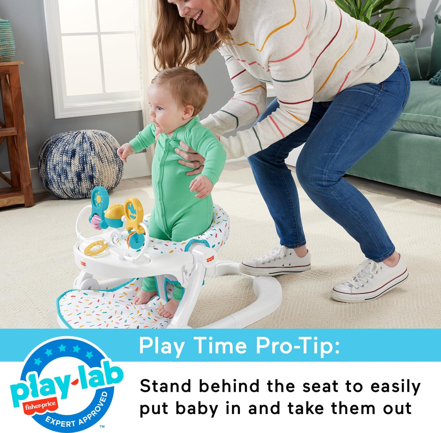Fisher-Price - Silla portátil para bebé de lujo, asiento de suelo sentado con bandeja para aperitivos, juguetes de actividad para recién nacidos y almohadilla lavable con chorros de arco iris