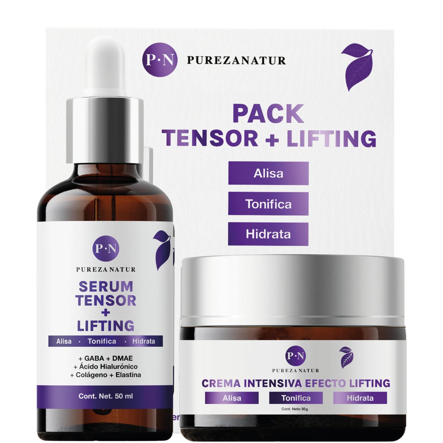 PUREZA NATUR Pack Tensor + Lifting serum tensor y crema lifting intensiva | Paquete completo de suero 50ml + crema 50g para el cuidado de la piel, hidratación y rejuvenecimiento (Pack Tensor Lifting)