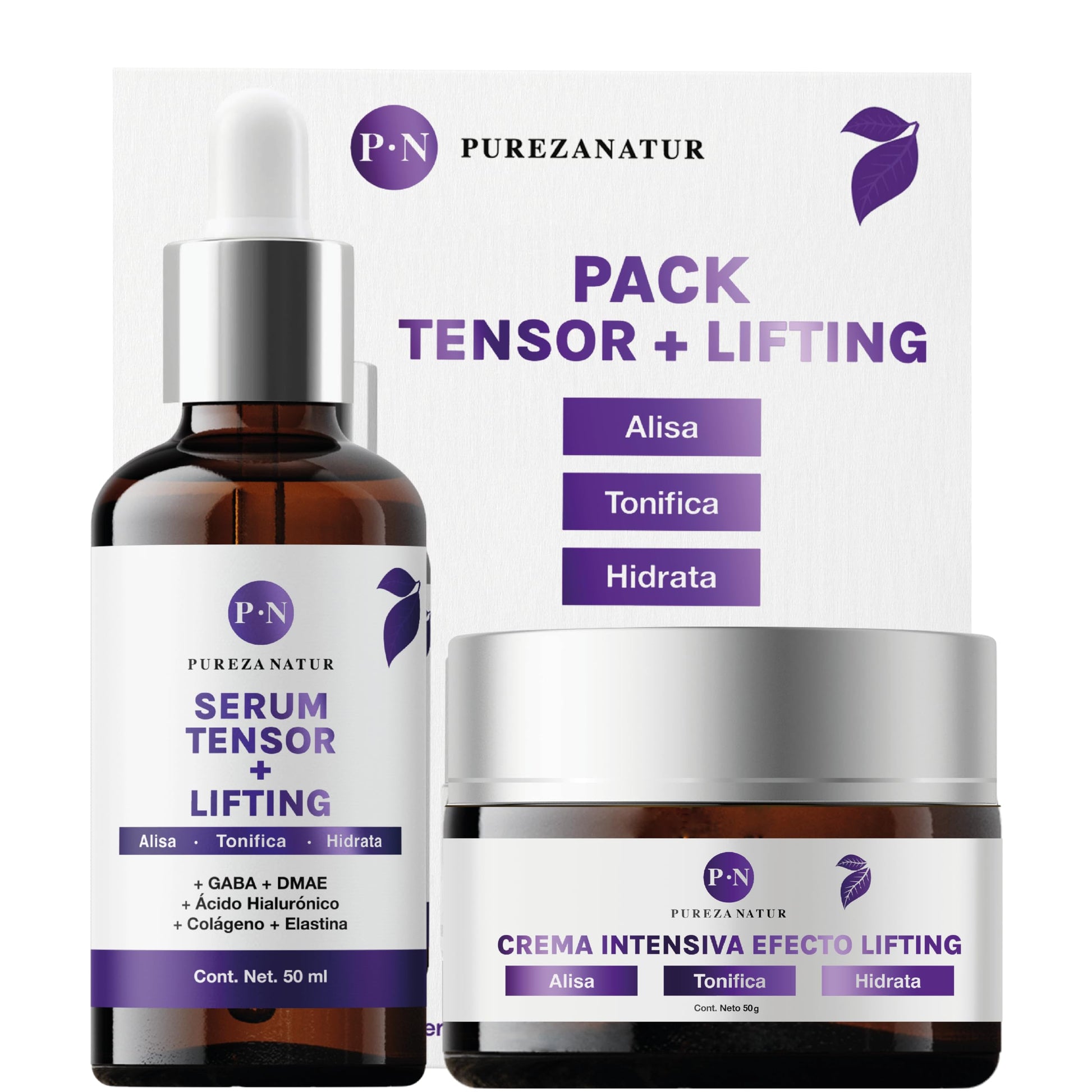 PUREZA NATUR Pack Tensor + Lifting serum tensor y crema lifting intensiva | Paquete completo de suero 50ml + crema 50g para el cuidado de la piel, hidratación y rejuvenecimiento (Pack Tensor Lifting)