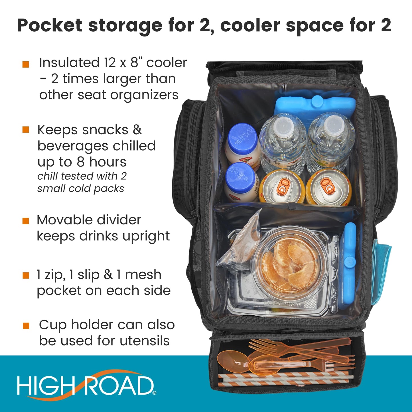 High Road CarHop Organizador de asiento de coche para el asiento delantero o trasero para niños y adultos con bandeja para portavasos y bolsillos laterales y compartimento para enfriador