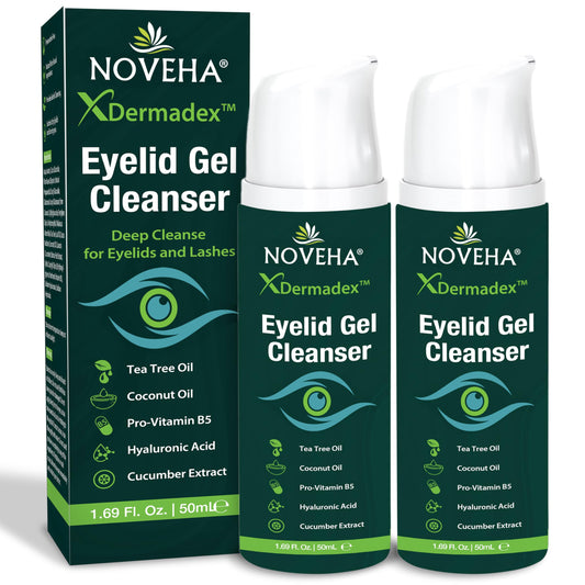 NOVEHA Demodex Gel Limpiador Extra Fuerte para Párpados - para Demodex, Mgd y Ojo Seco Con Pro-Vitamina B5, Aceite de Árbol de Té, y Ácido Hialurónico - Limpieza Suave, Alivia La Picazón Del Párpado -