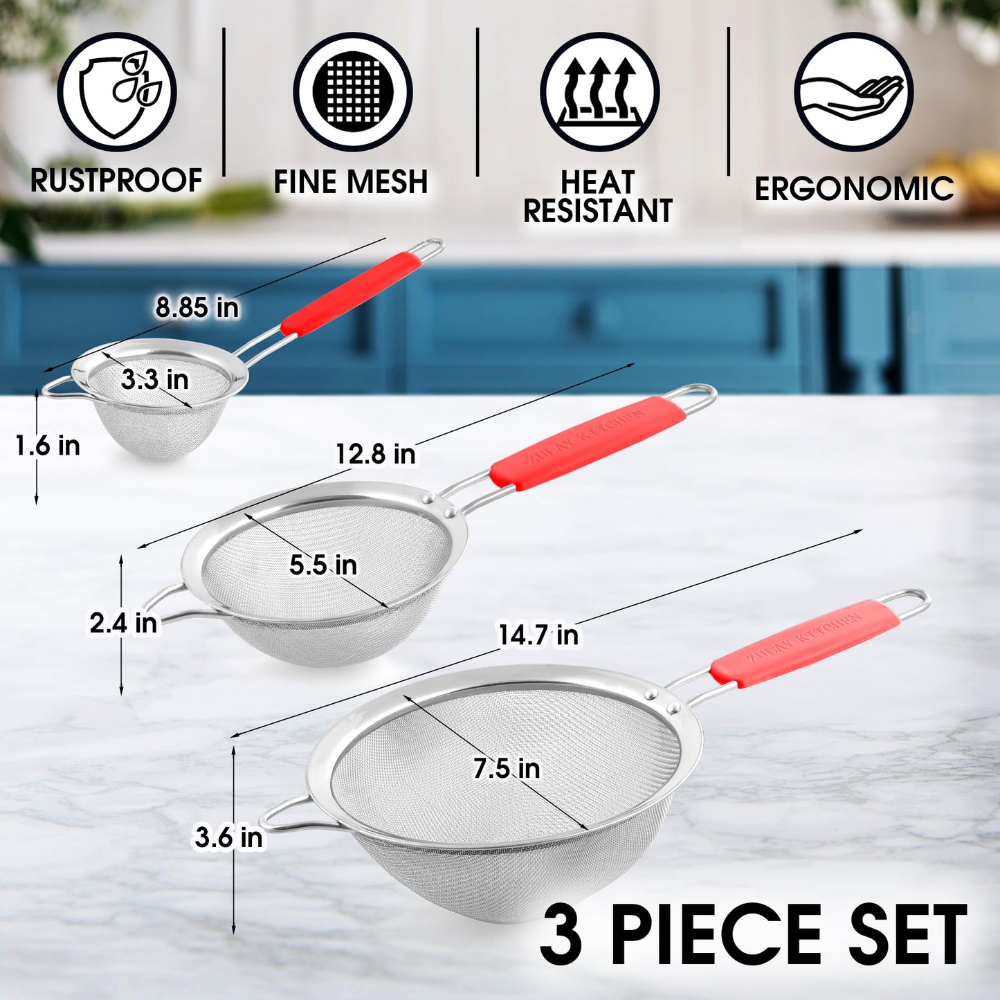 Juego de Coladores Zulay Kitchen Acero Inoxidable Alta Calidad con Asas Antideslizantes