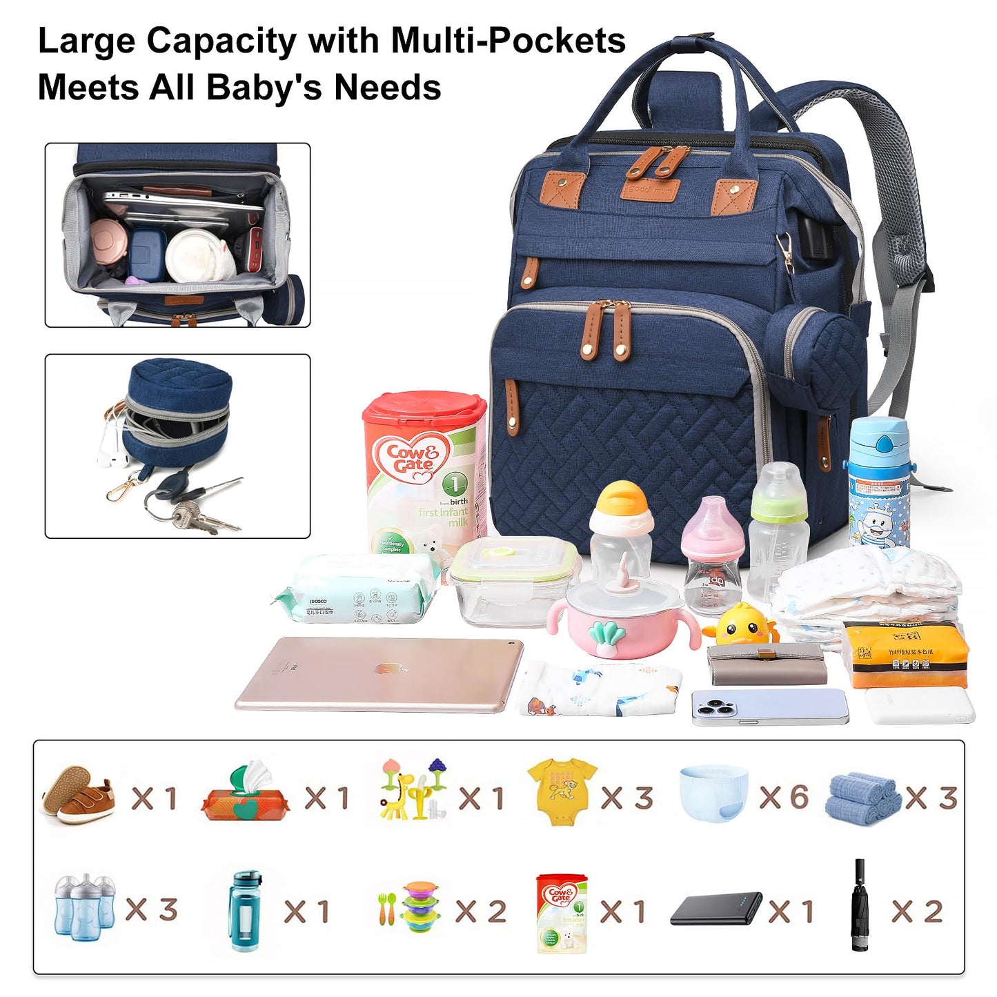 AHNTTGS - Bolsa para pañales con cambiador, Azul, Grande